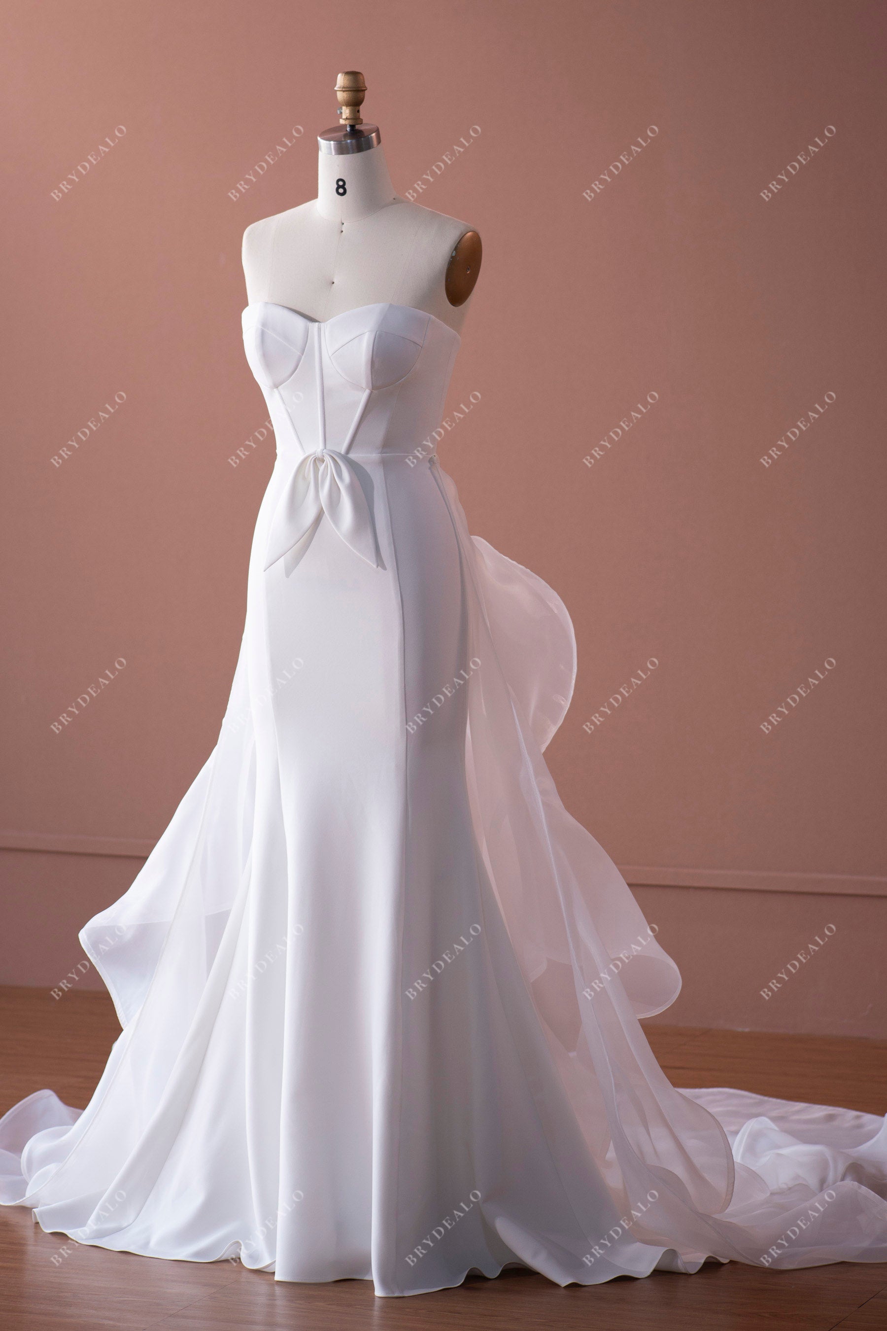 elegant crepe mermaid wedding dress with overskirt