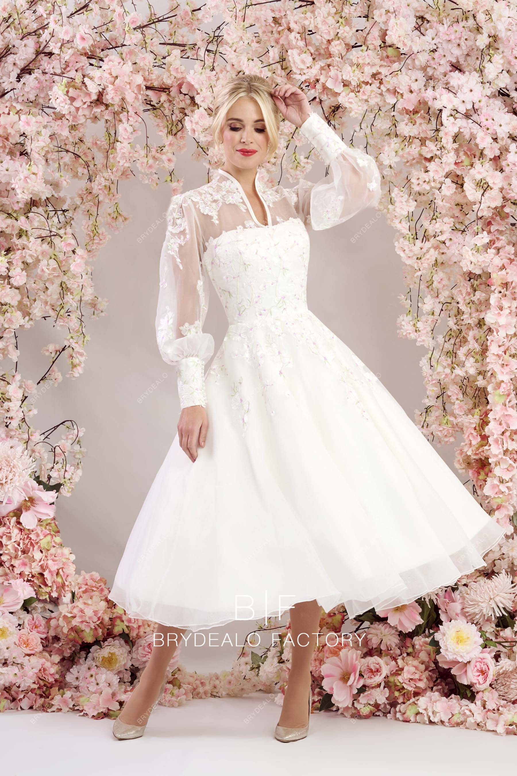vintage V-neck tea length bridal dress online