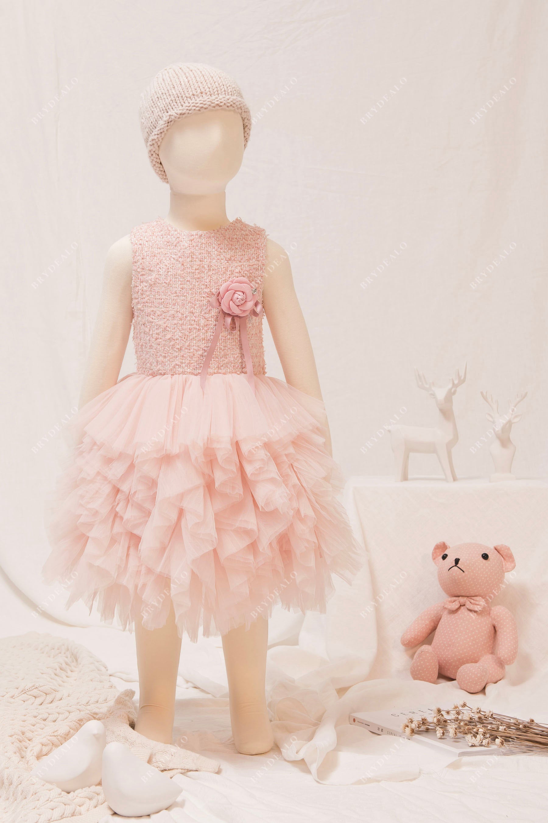 Designer Ruffled Pearl Pink Tiered Tulle Kids Birthday Formal Dress 