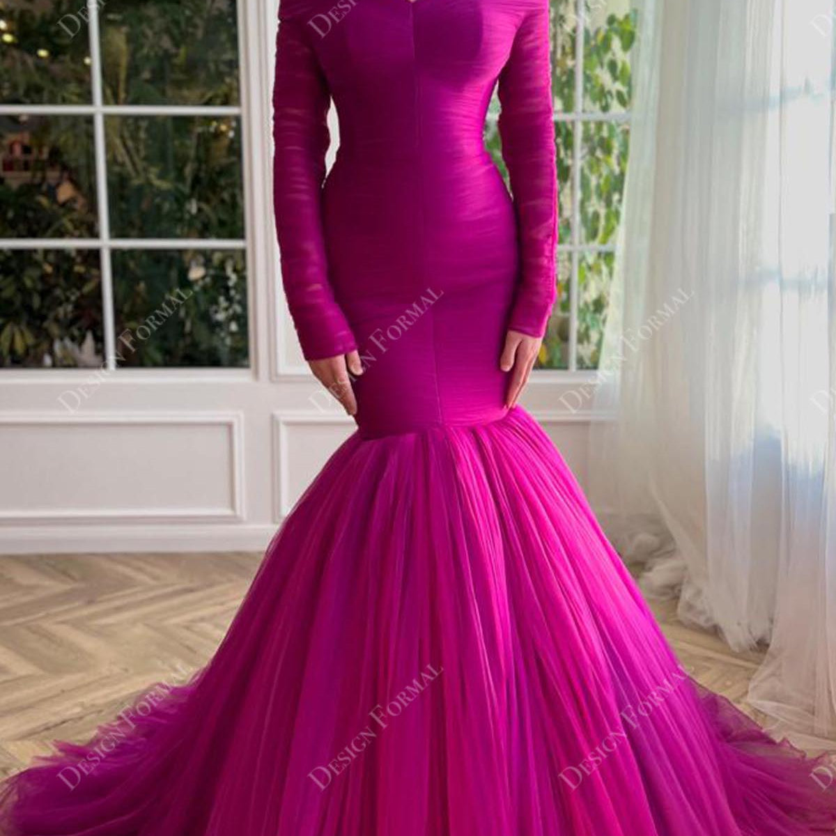 Fuchsia Off Shoulder Long Sleeve Custom Trumpet Prom Evening Bridal Dress