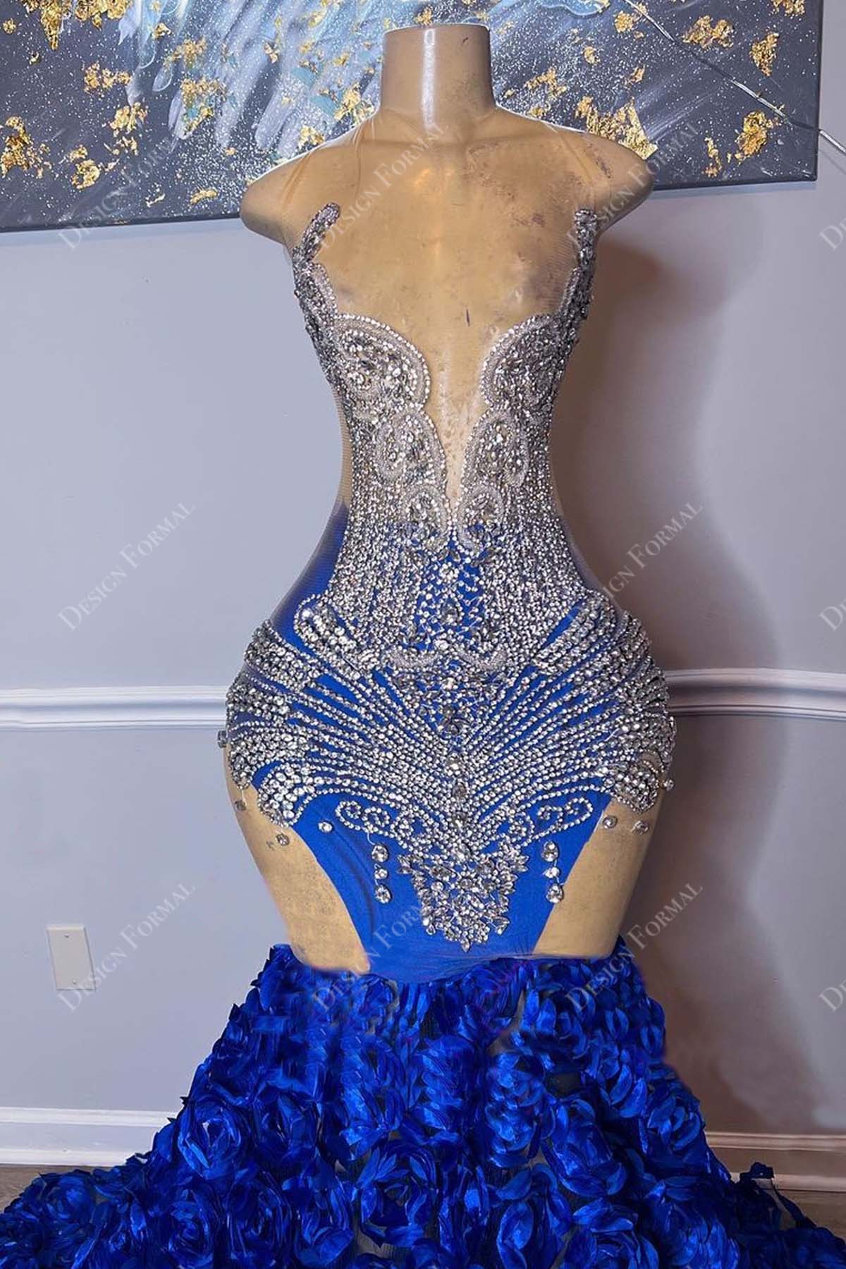 Rhinestone Plunge Royal Blue 3D Ross Handmade Mermaid Dress