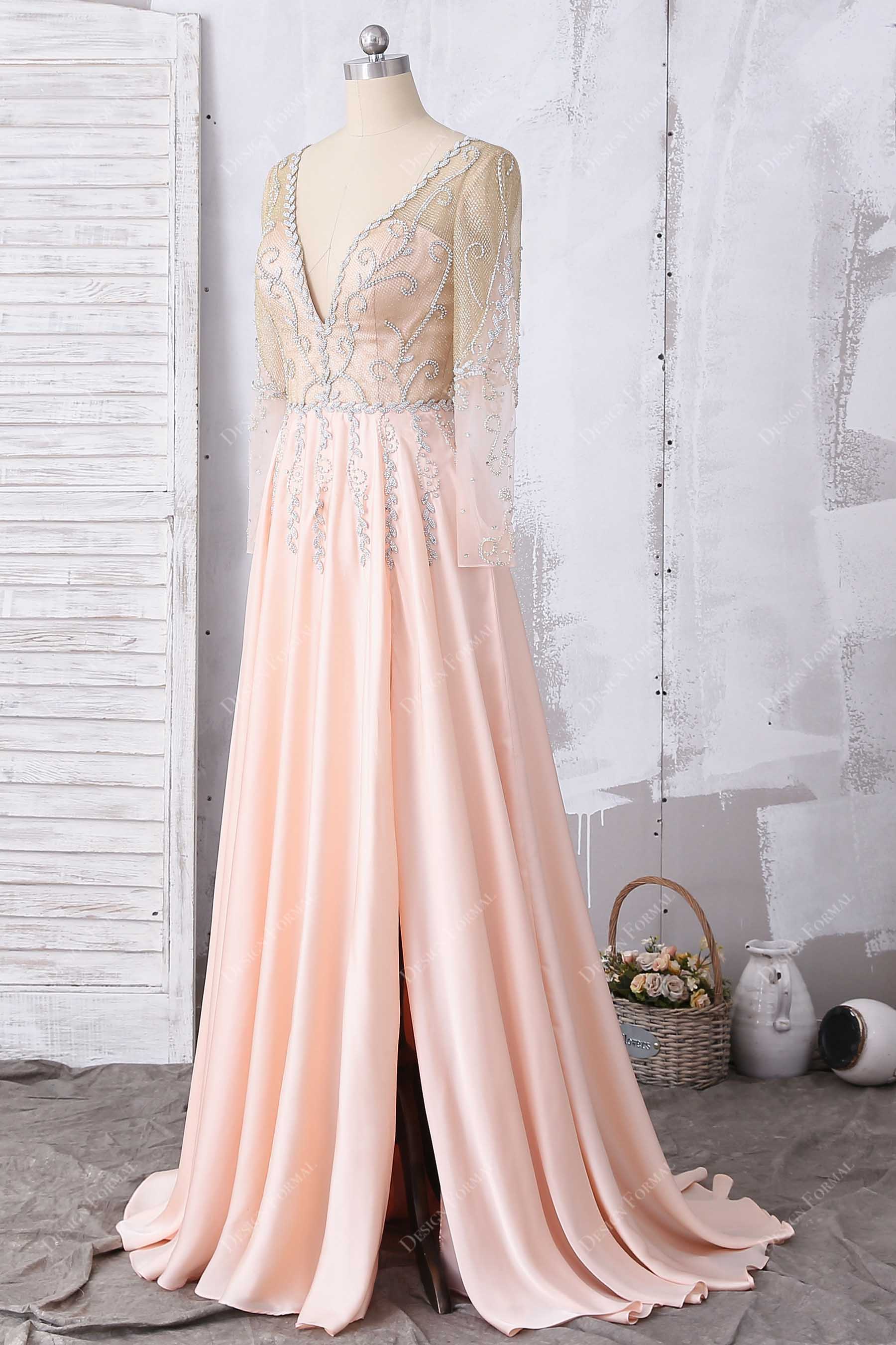 Rhinestones Sheer Sleeves Slit A-line Prom Dress