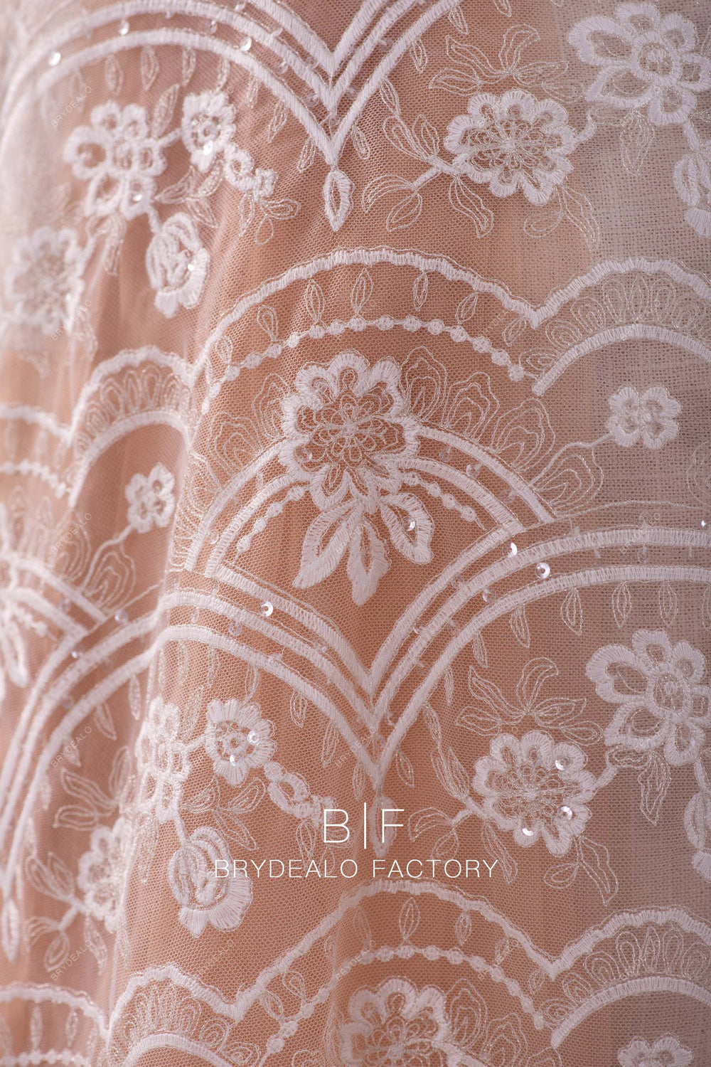 Swirl Sequin Embroidered Lace Print Fabric with Metallic Accents & Scalloped Edge Detail main image 1