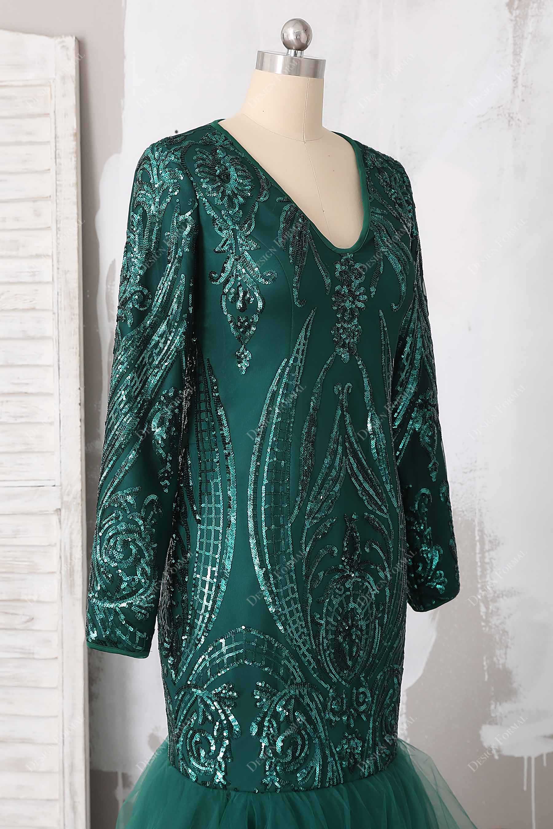 emerald embroidery sequin long sleeve prom dress