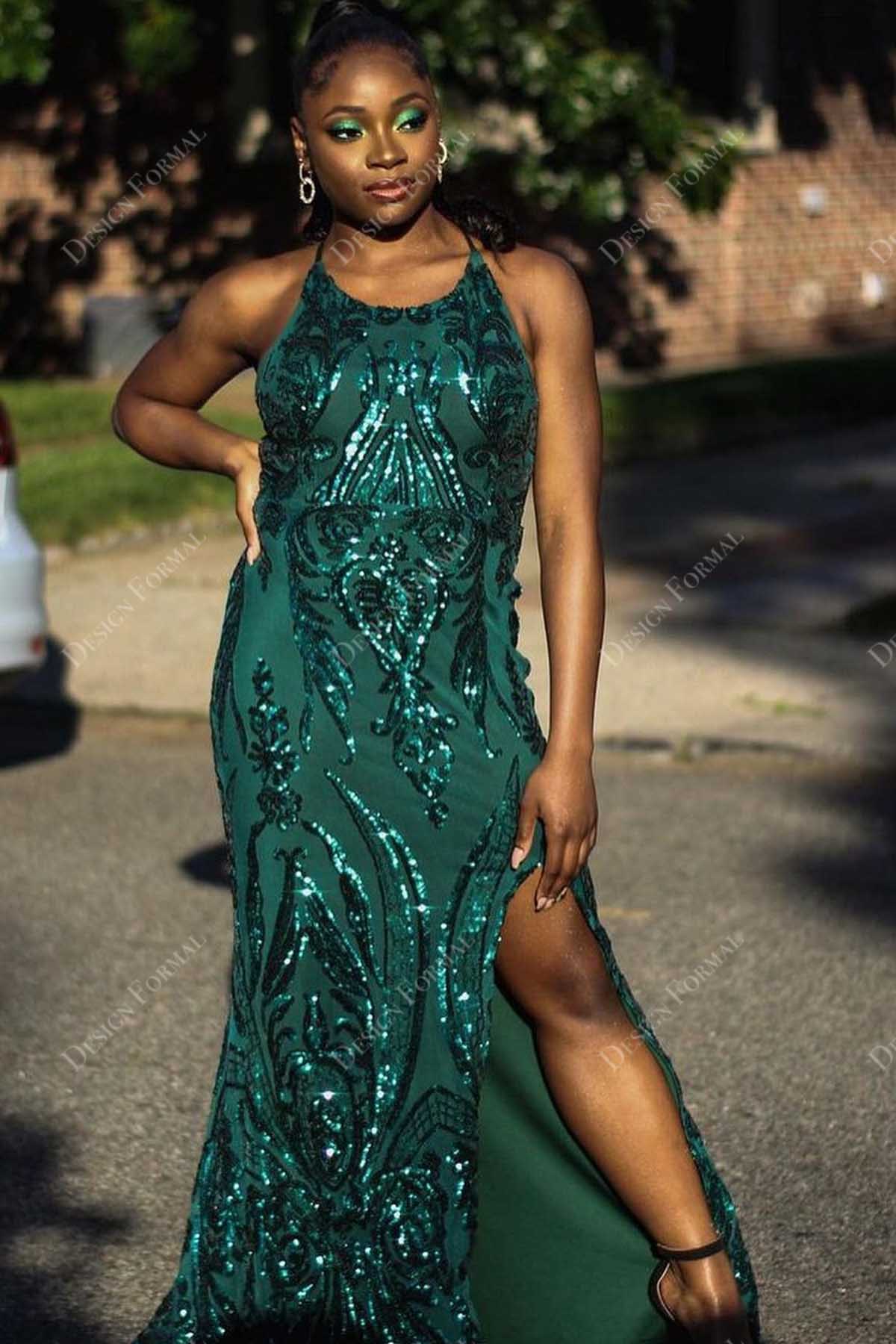 emerald greenn unique halter slit prom dress