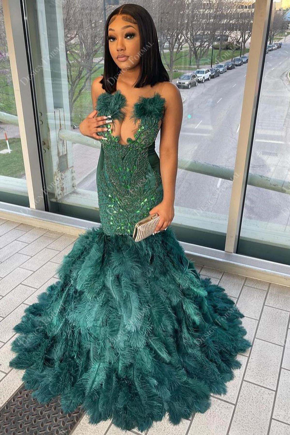 emerald beaded lace plunging feather trumpet prom dress