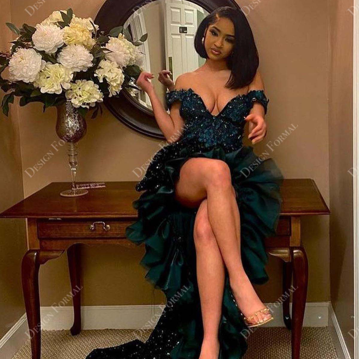 emerald off shoulder dress Emerald Sequin Off-shoulder Ruffle Slit Tailor Made Prom Dress