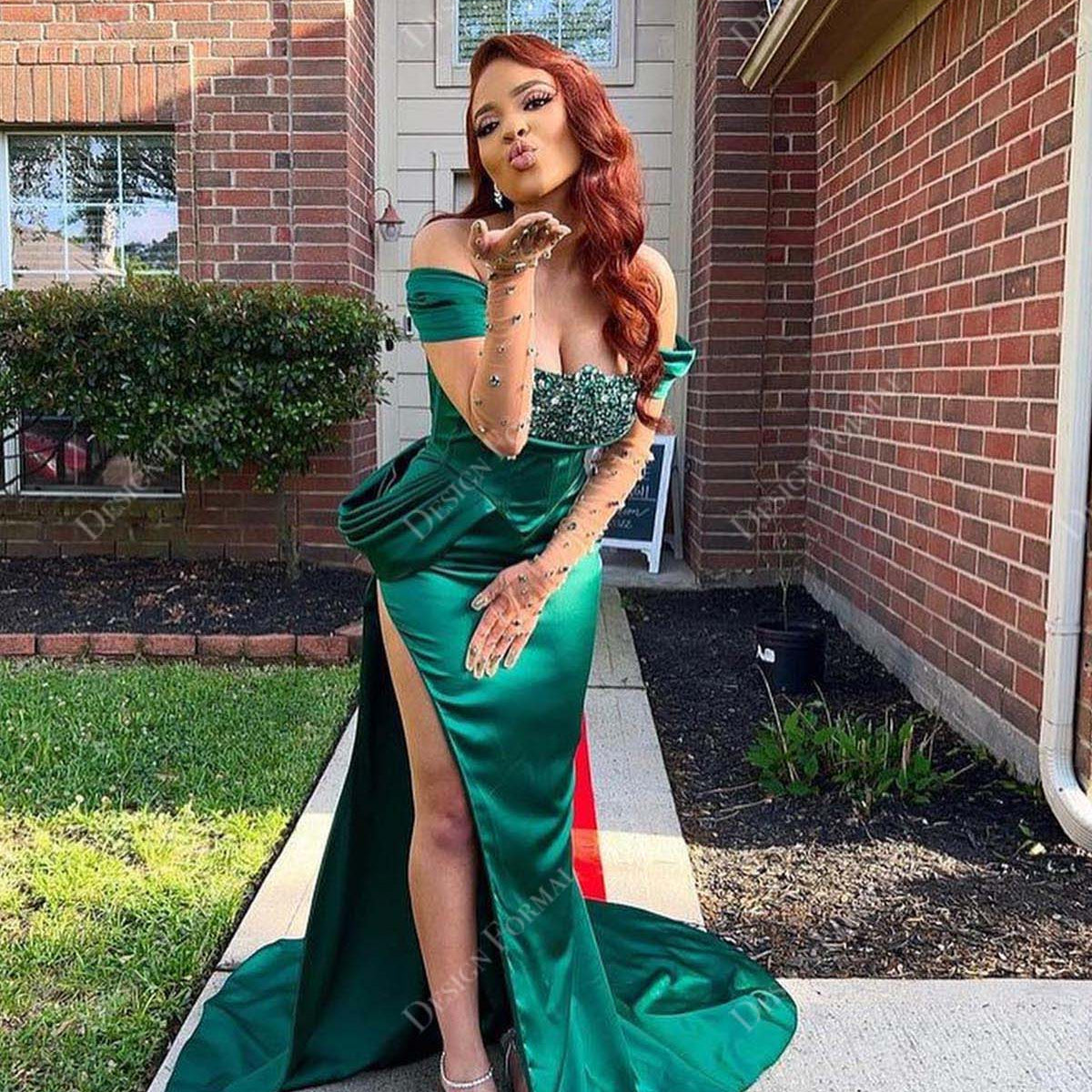 Emerald Off-shoulder Satin Slit Mermaid Custom Made Prom Dress Emerald Off-shoulder Satin Slit Mermaid Custom Made Prom Dress
