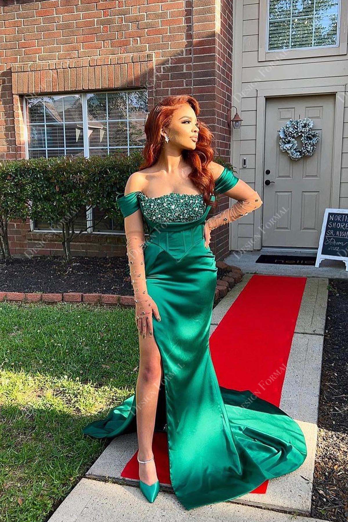 emerald satin off-shoulder beaded mermaid high slit prom dress
