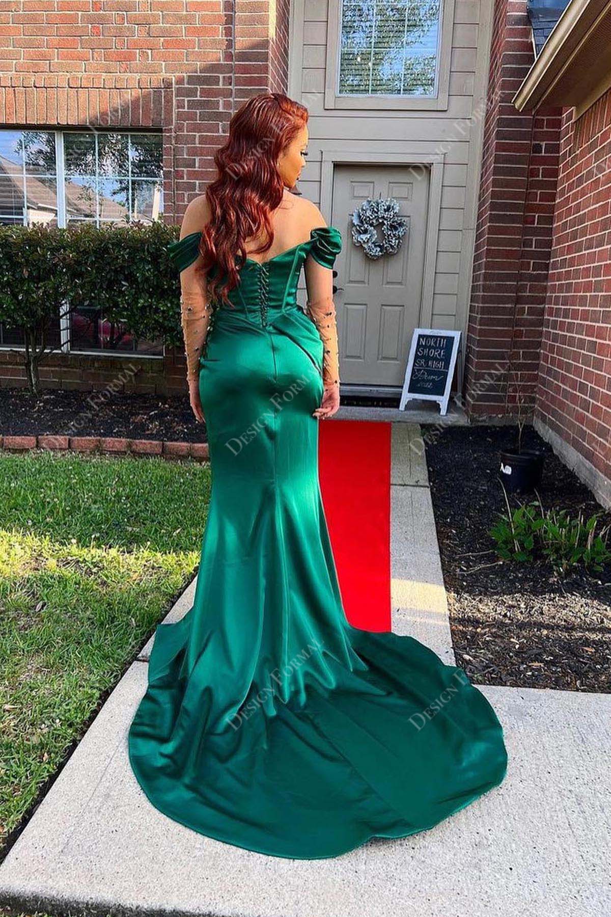 emerald green satin off-shoulder lace-up back mermaid long prom gown