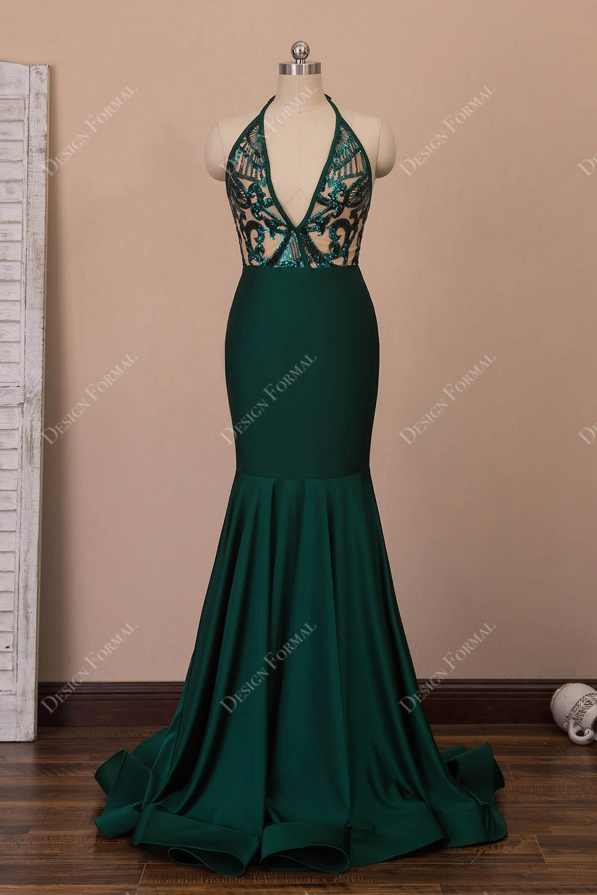 Emerald Sequin Satin Halter Mermaid Prom Dress