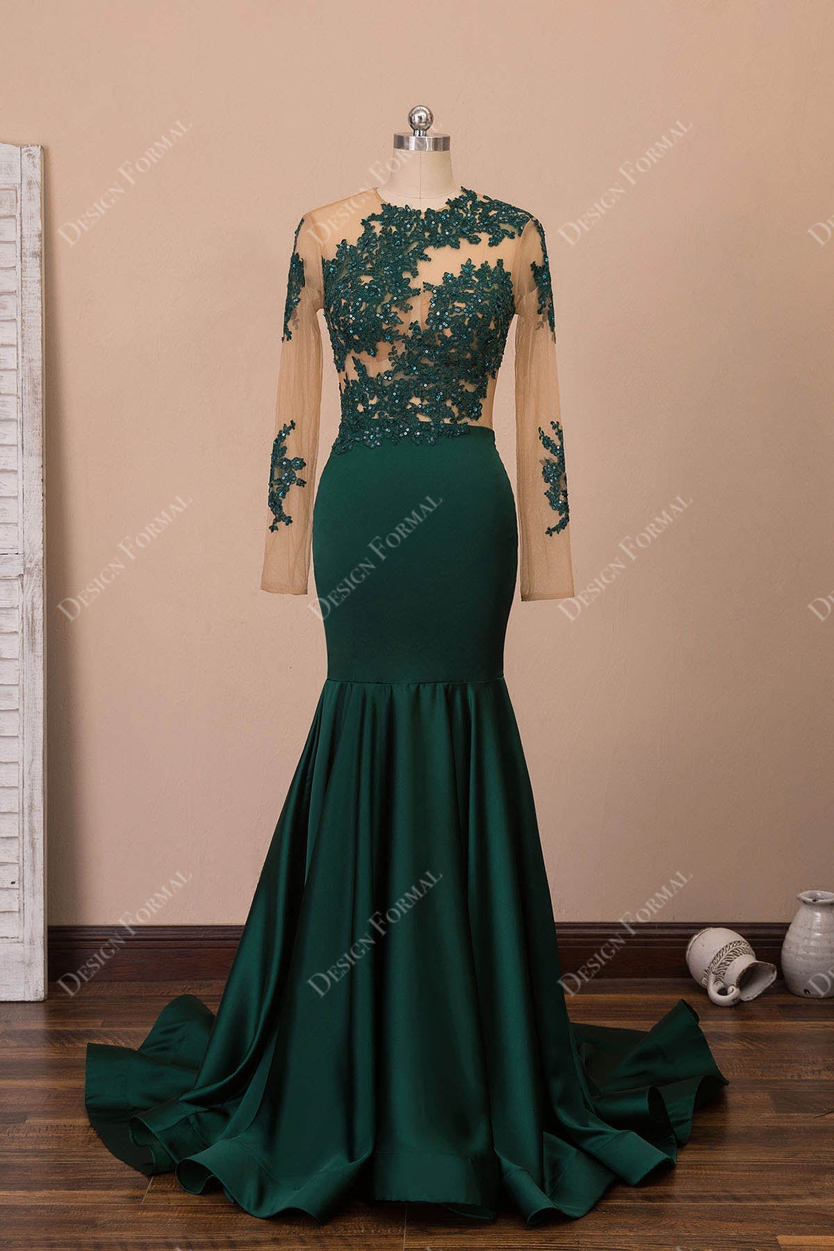 emerald sequin lace illusion jersey prom dress