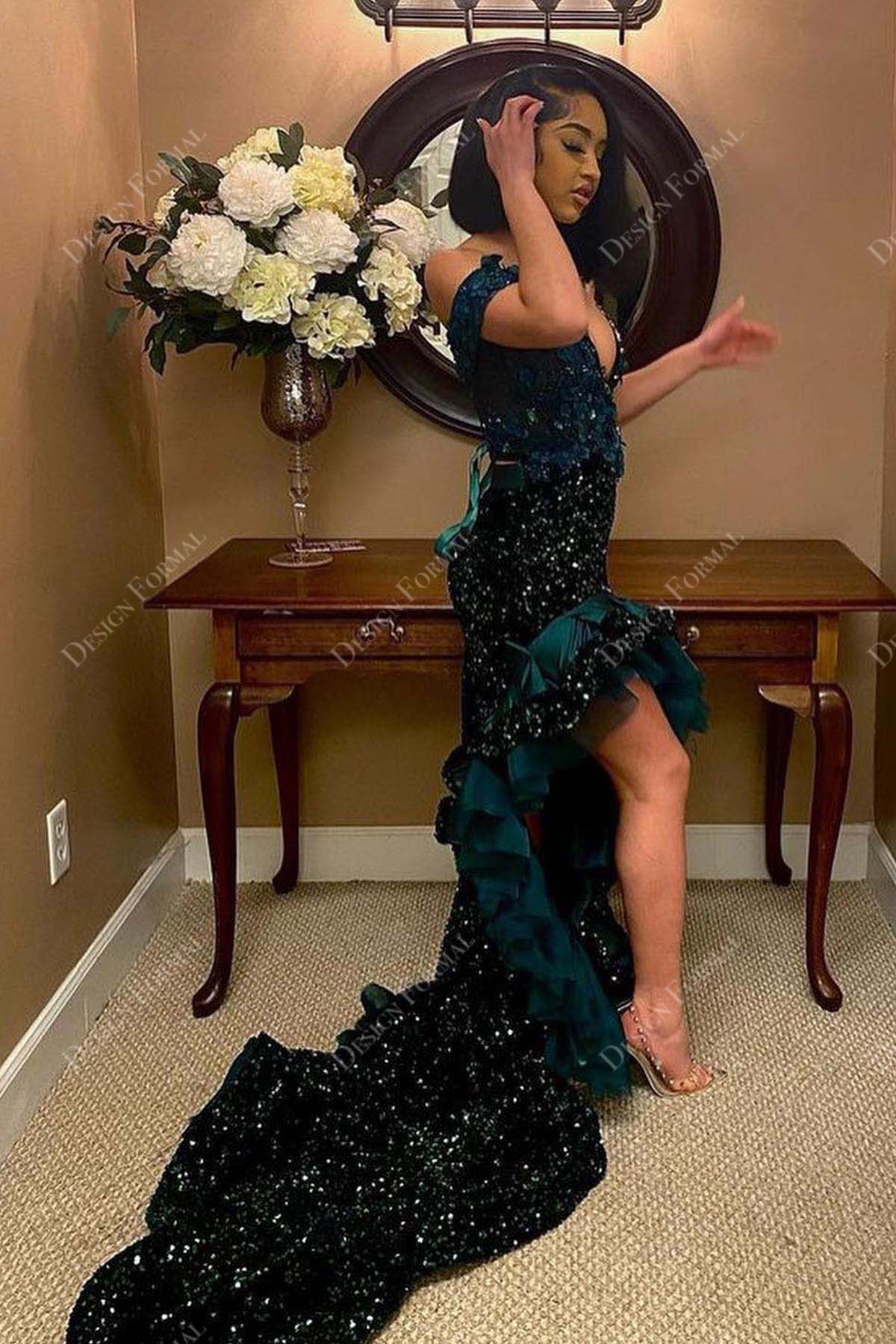 emerald off-shoulder high slit sequin mermaid prom dress