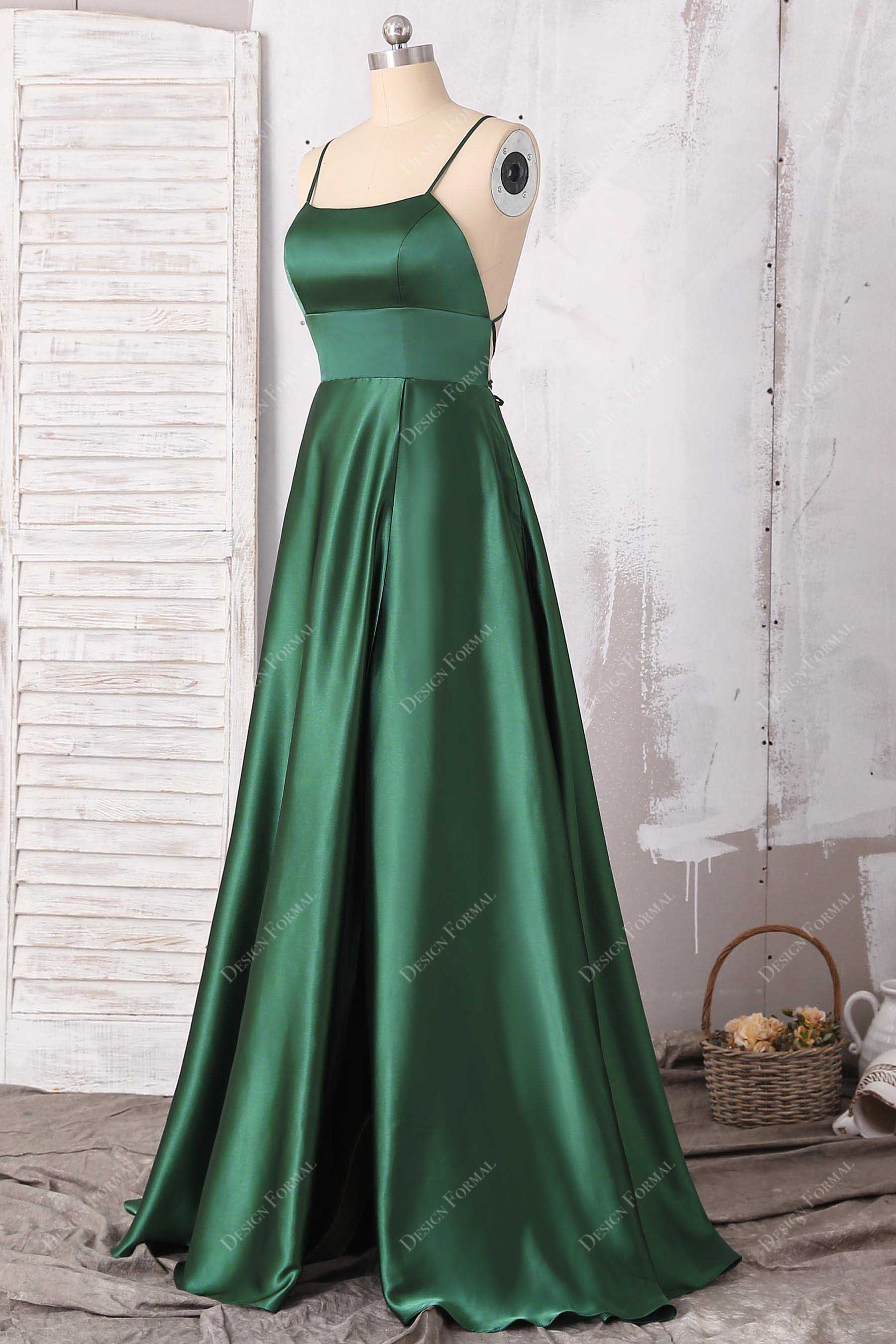 empire waist green satin slit prom gown