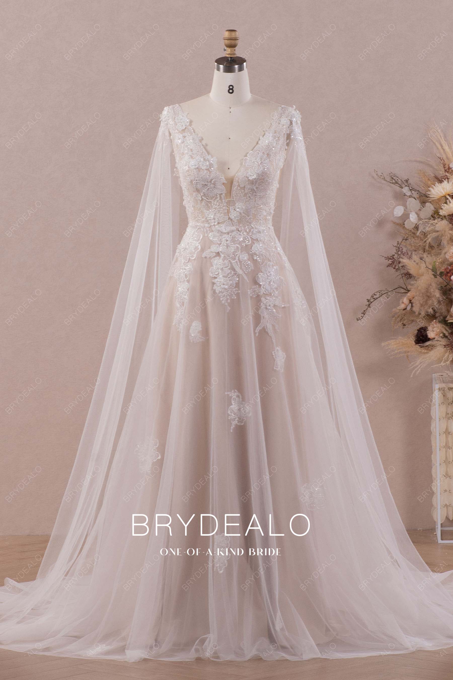 ethereal 3D flower lace shoulder cape nude wedding gown