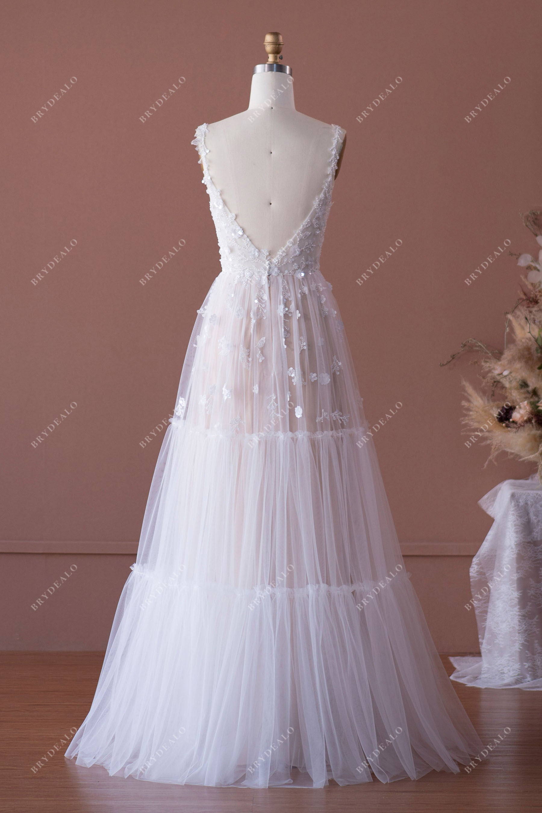 Fairy Flower Lace Open Back A-line Wedding Dress