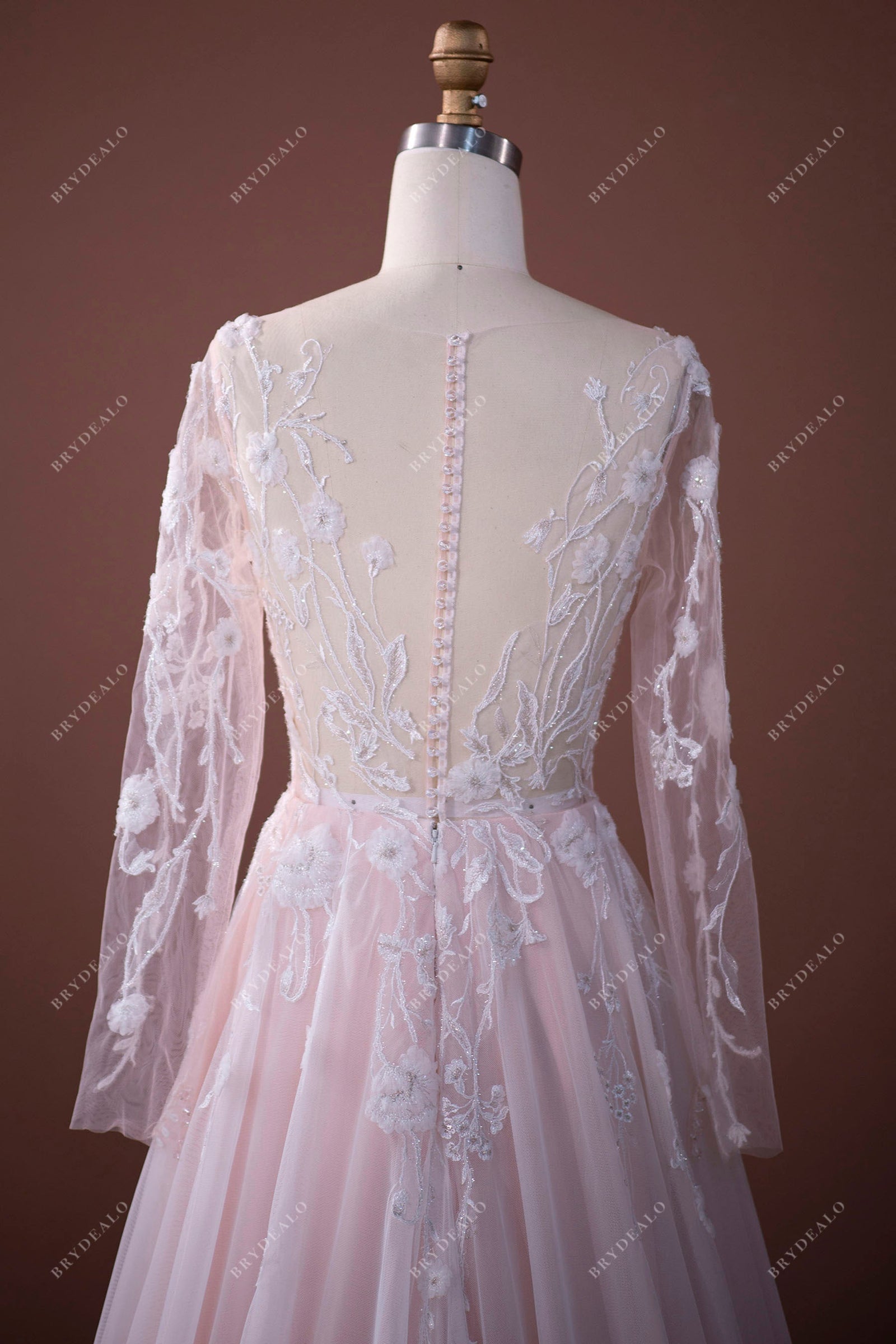 Fairy Pink Lace Tulle Illusion Neck Garden A-line Pink Wedding Dress