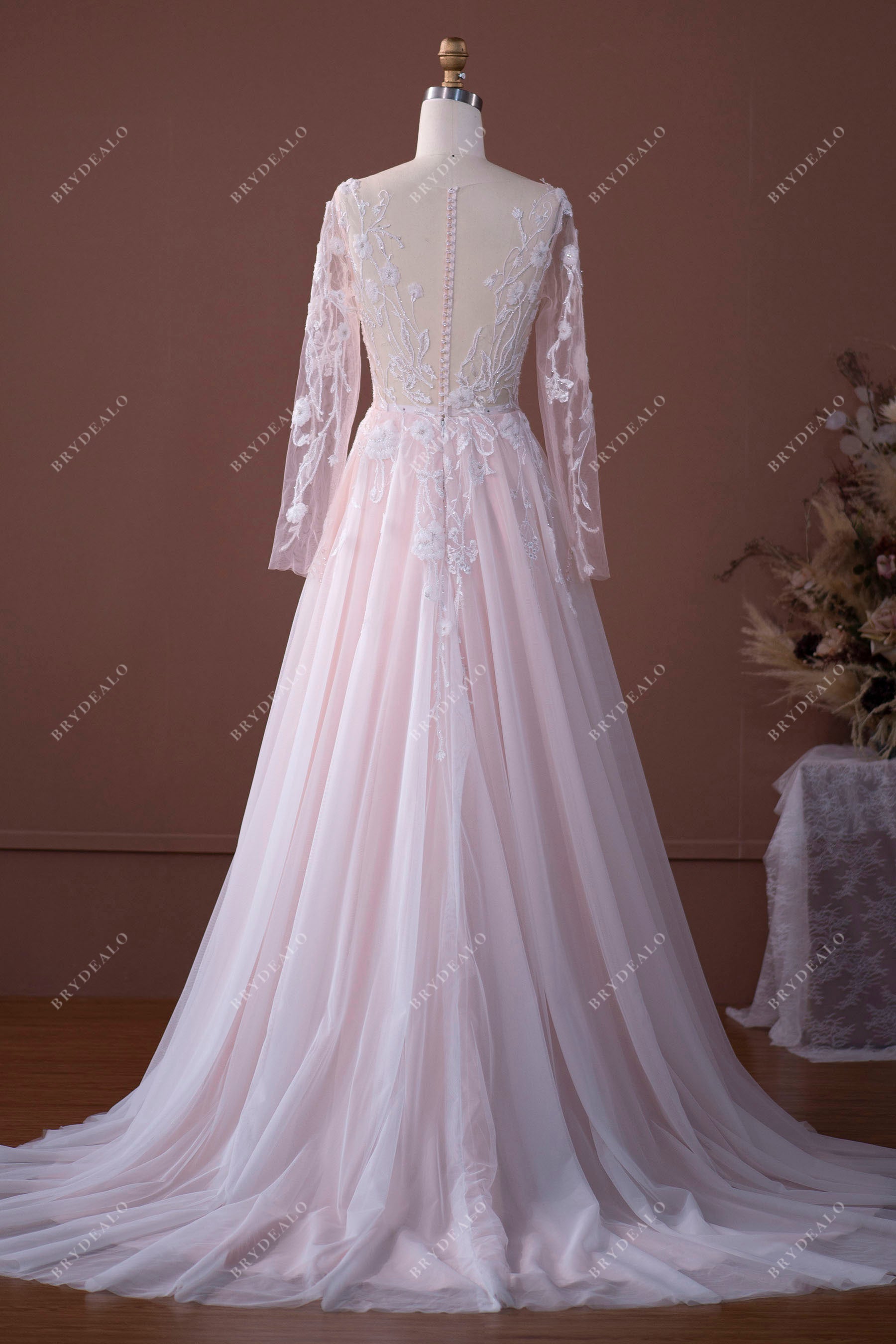 illusion back sheer sleeves chapel train bridal gown