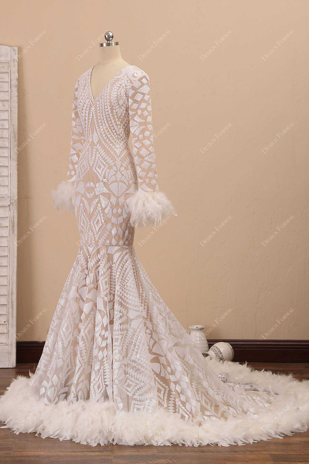 White Beaded Feathers V-Neck Trumpet Long Prom Dress with Slit main image 1