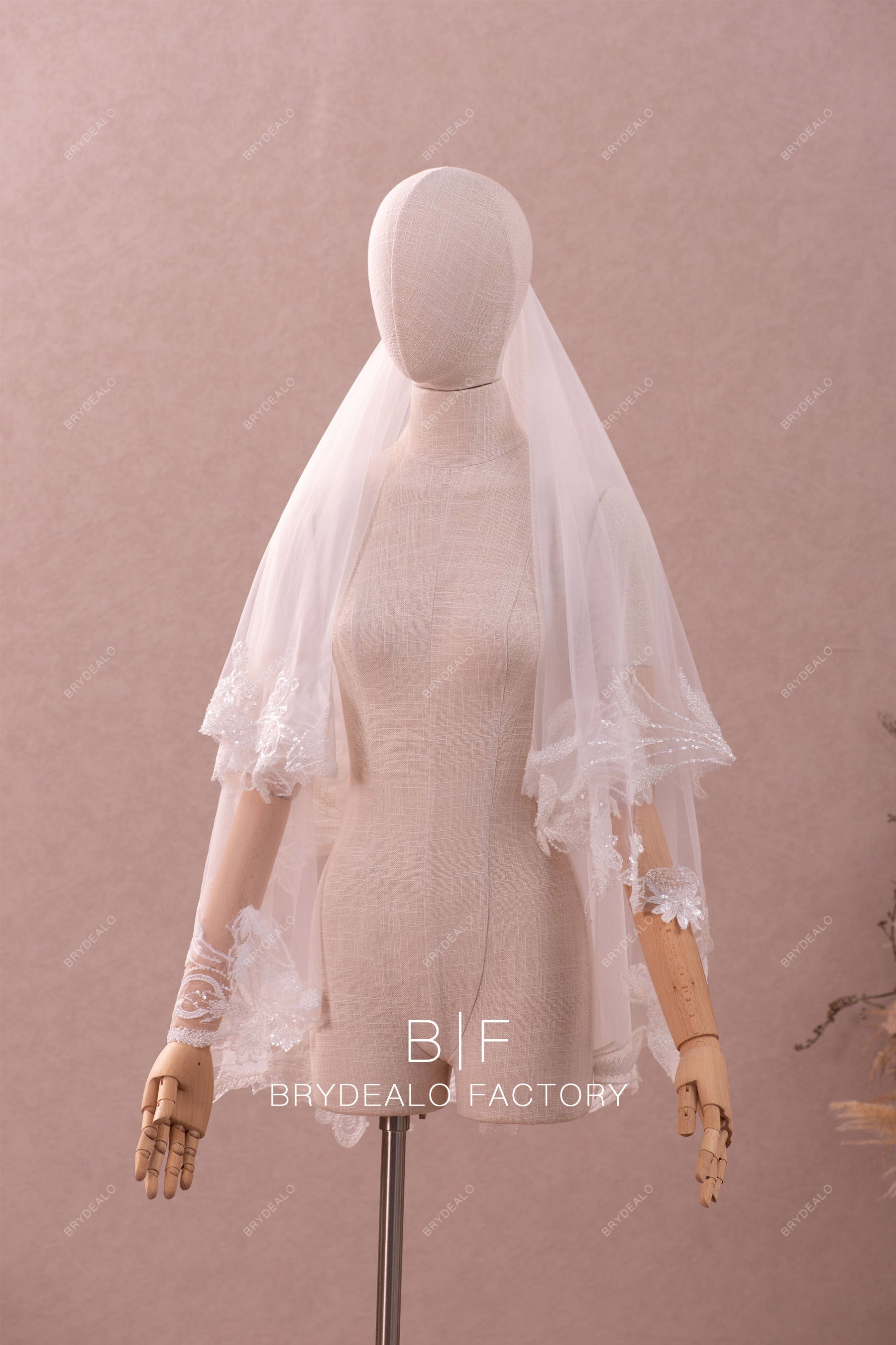 Beautiful Two-Tier Beaded Lace Finger Length Wedding Veil