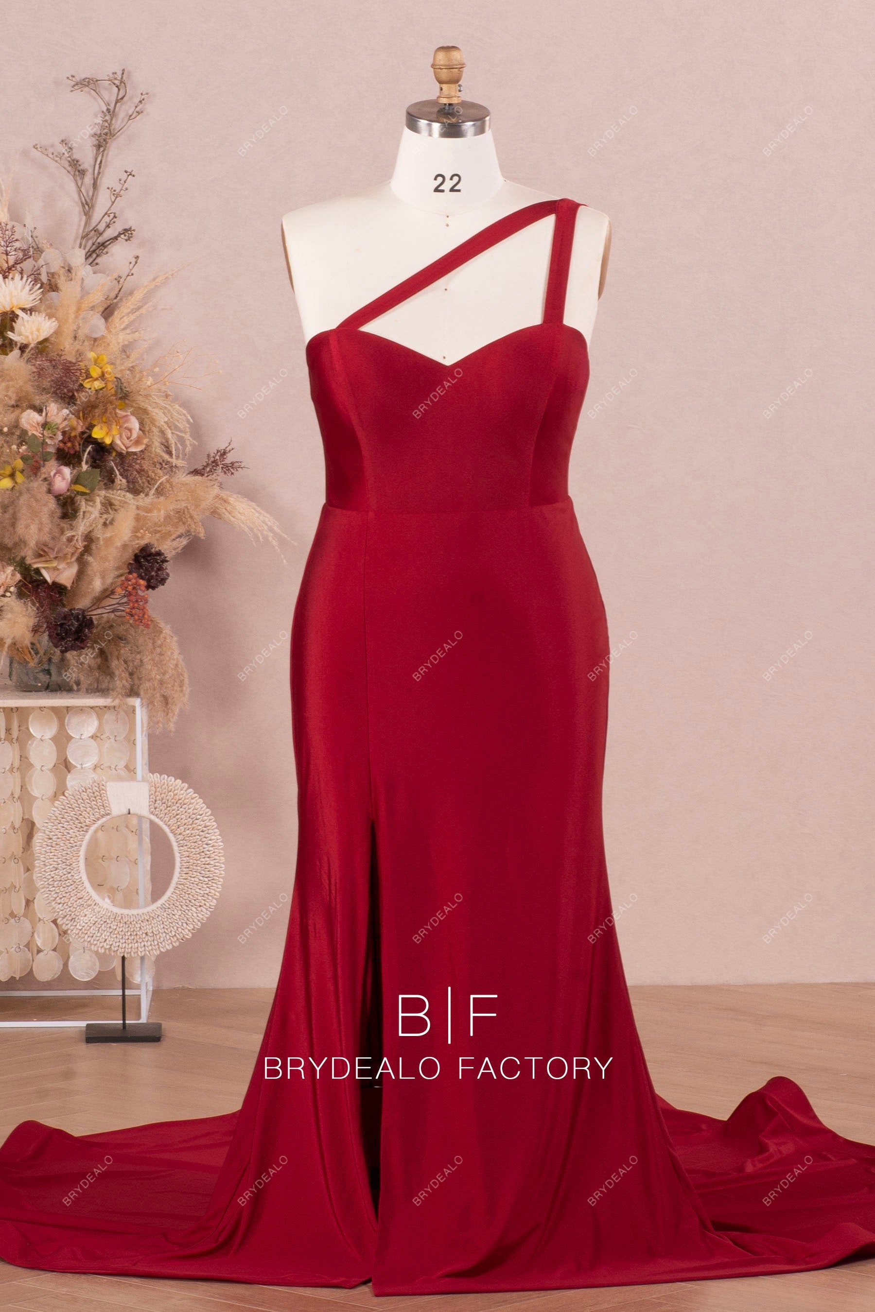 Plus Size One-Shoulder Burgundy Jersey Slit Fit and Flare Bridesmaid Dress