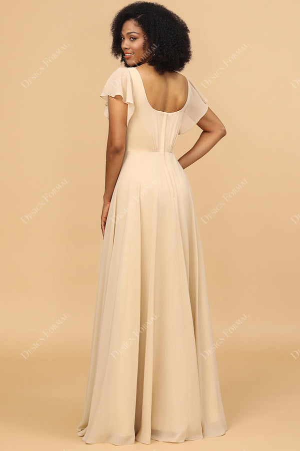 Champagne Chiffon Flutter Sleeves V-neck A-line Bridesmaid Prom Dress