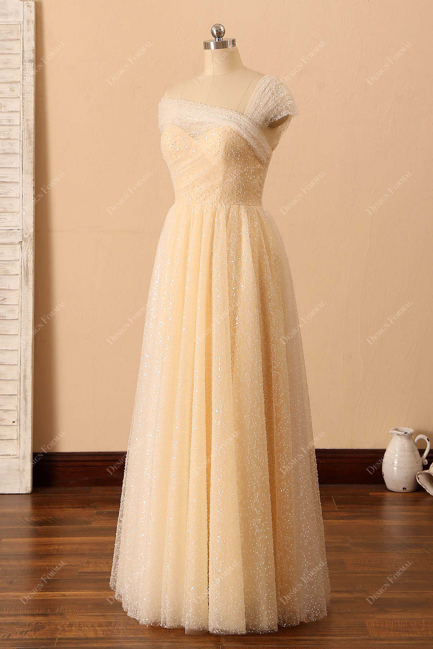 floor length beaded asymmetrical bridal dress