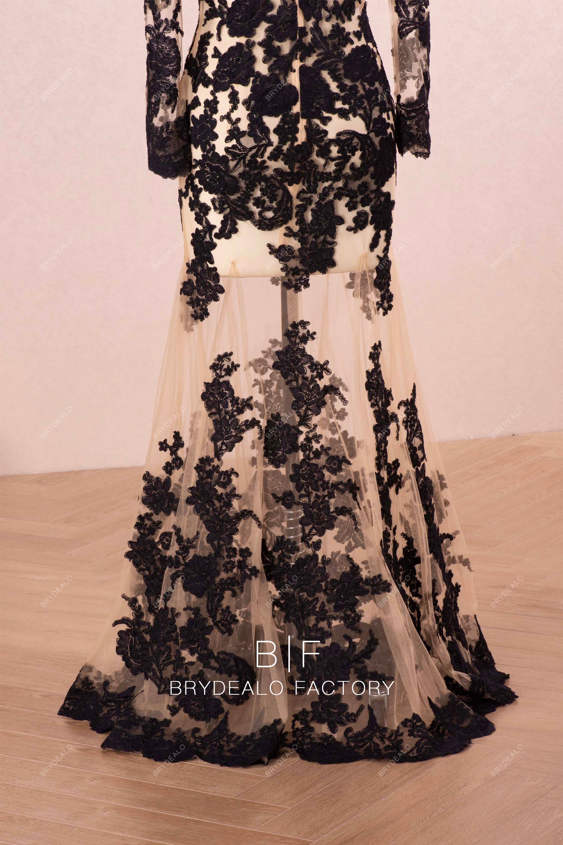 floor length black lace mermaid wedding gown