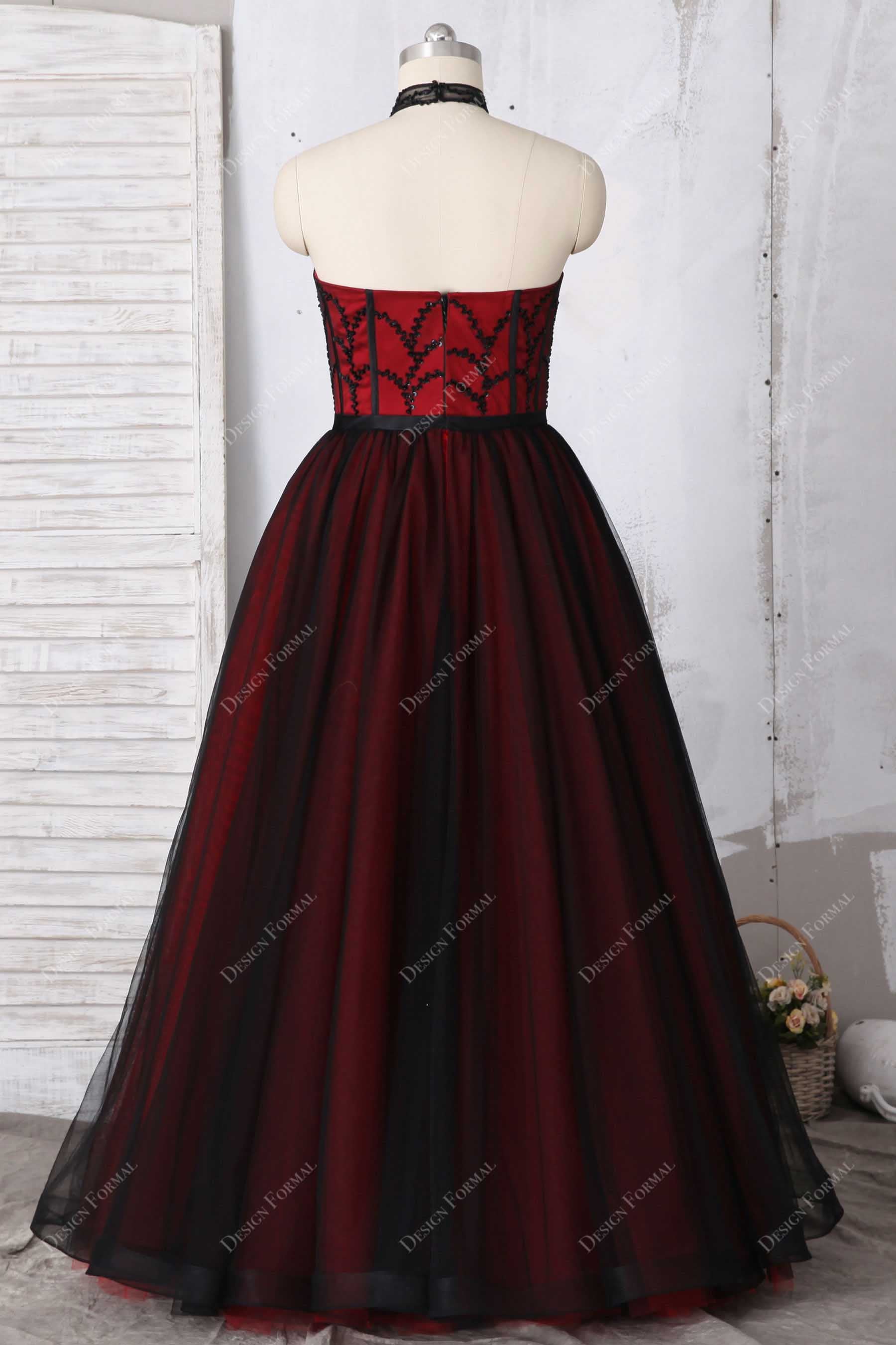 Floor Length Black Tulle Overlaid Red Prom Dress