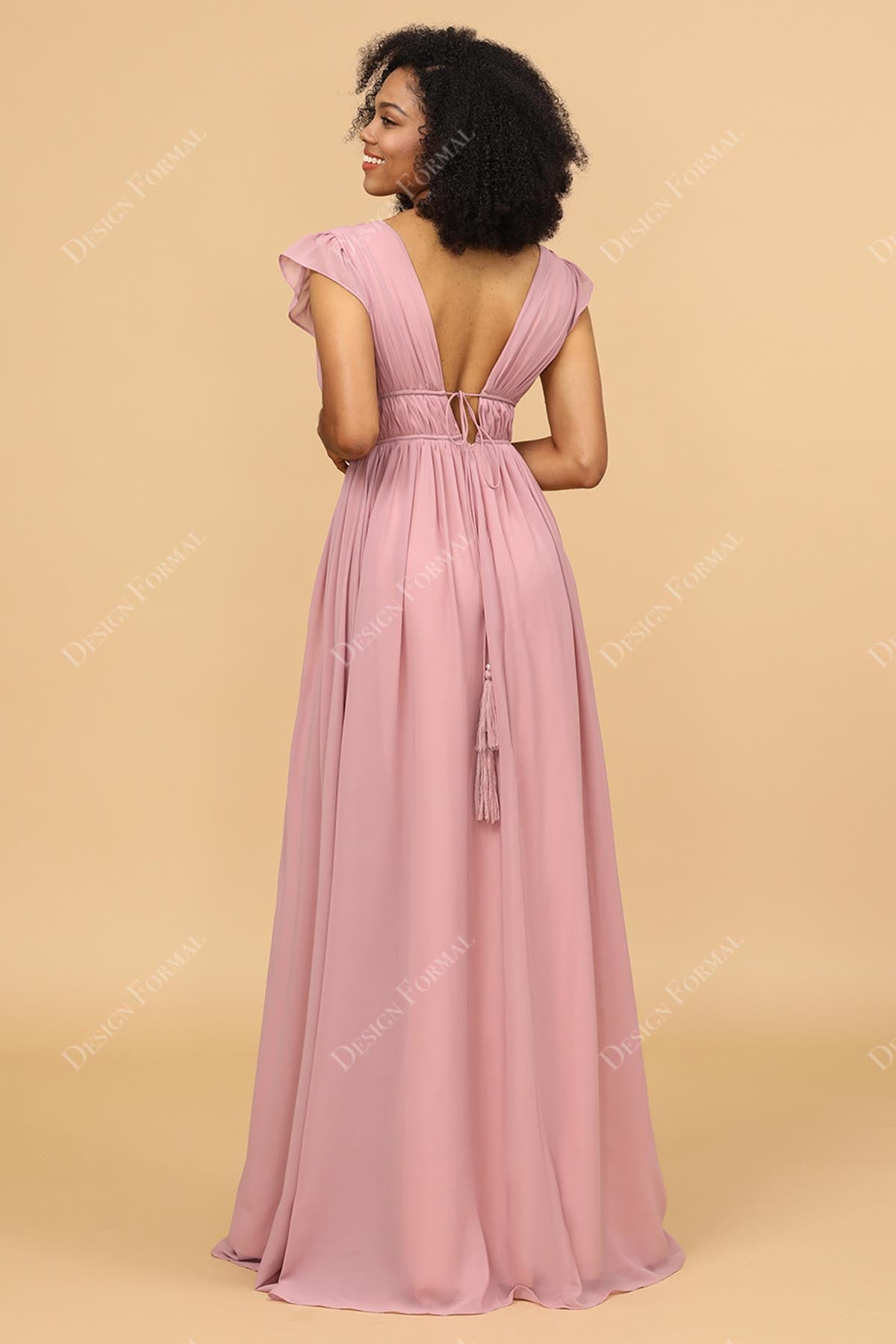 V-back floor length chiffon bridesmaid dress