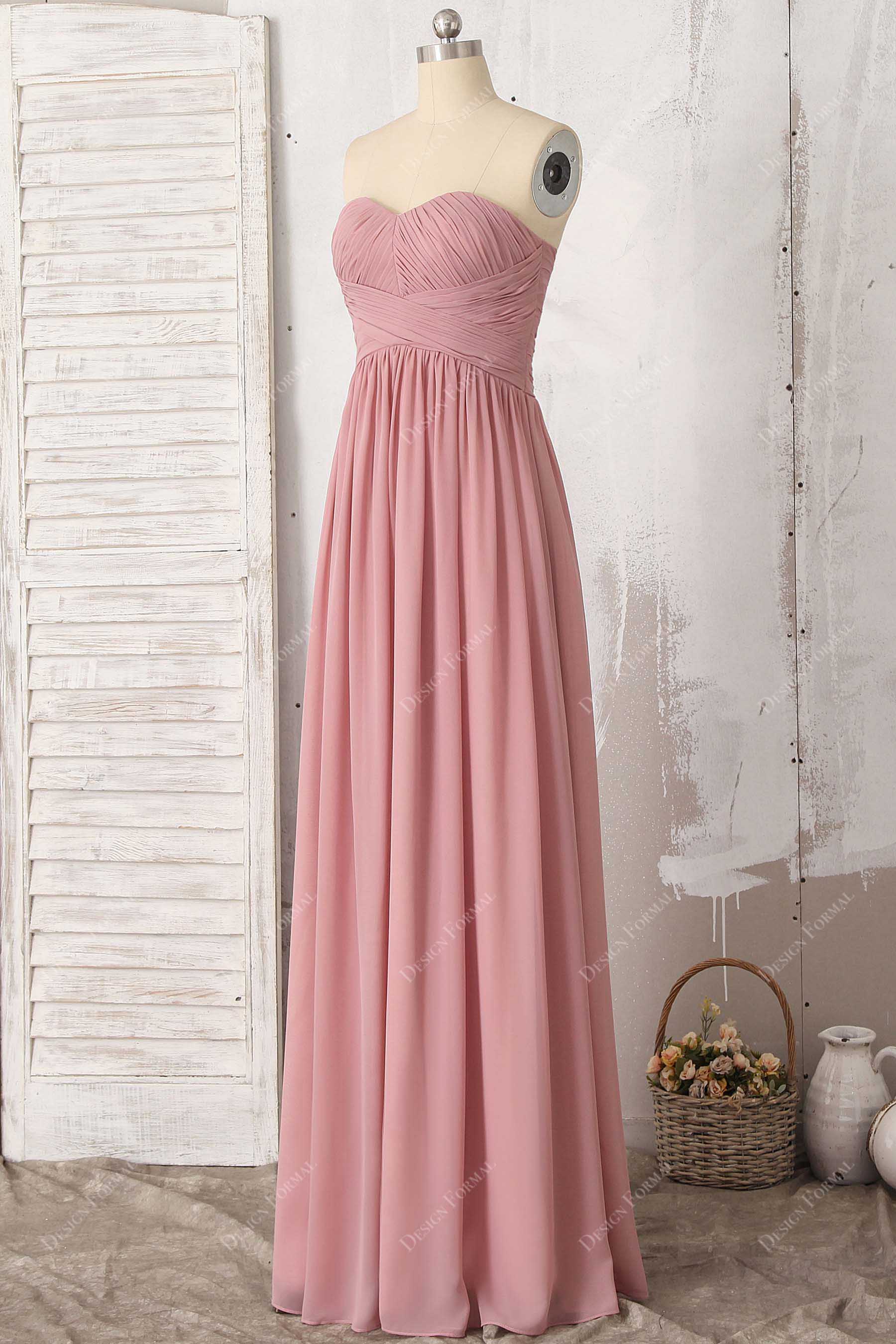 floor length dusty pink chiffon bridesmaid dress