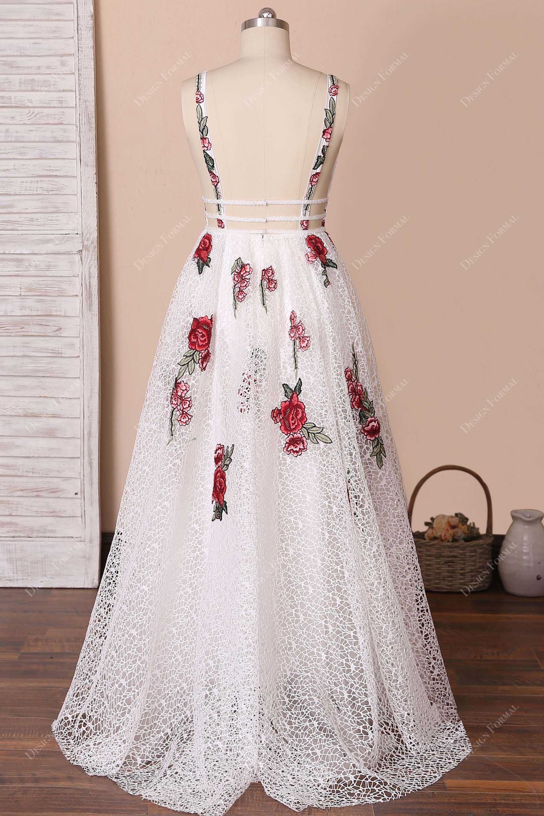 floor length white lace open back prom dress 