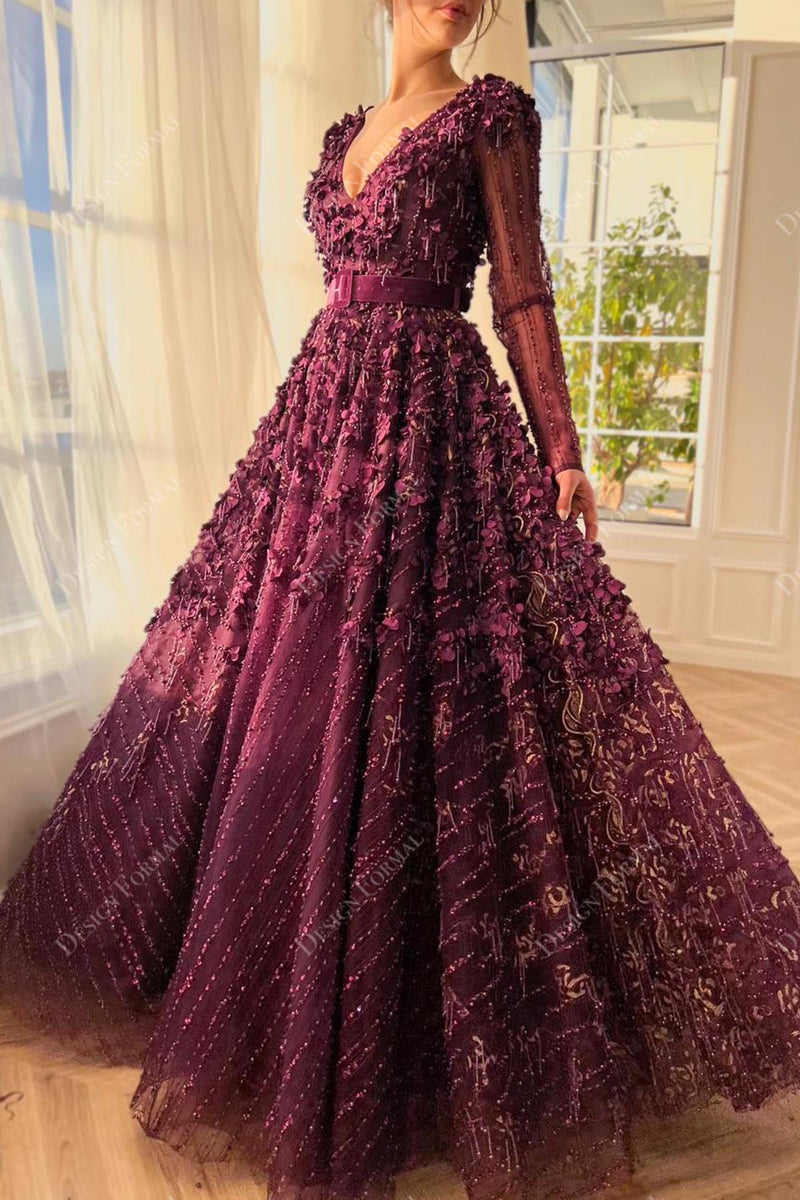 Wine 3D Lace Sparkly Sheer Sleeves V-neck Floor Length Formal Dress