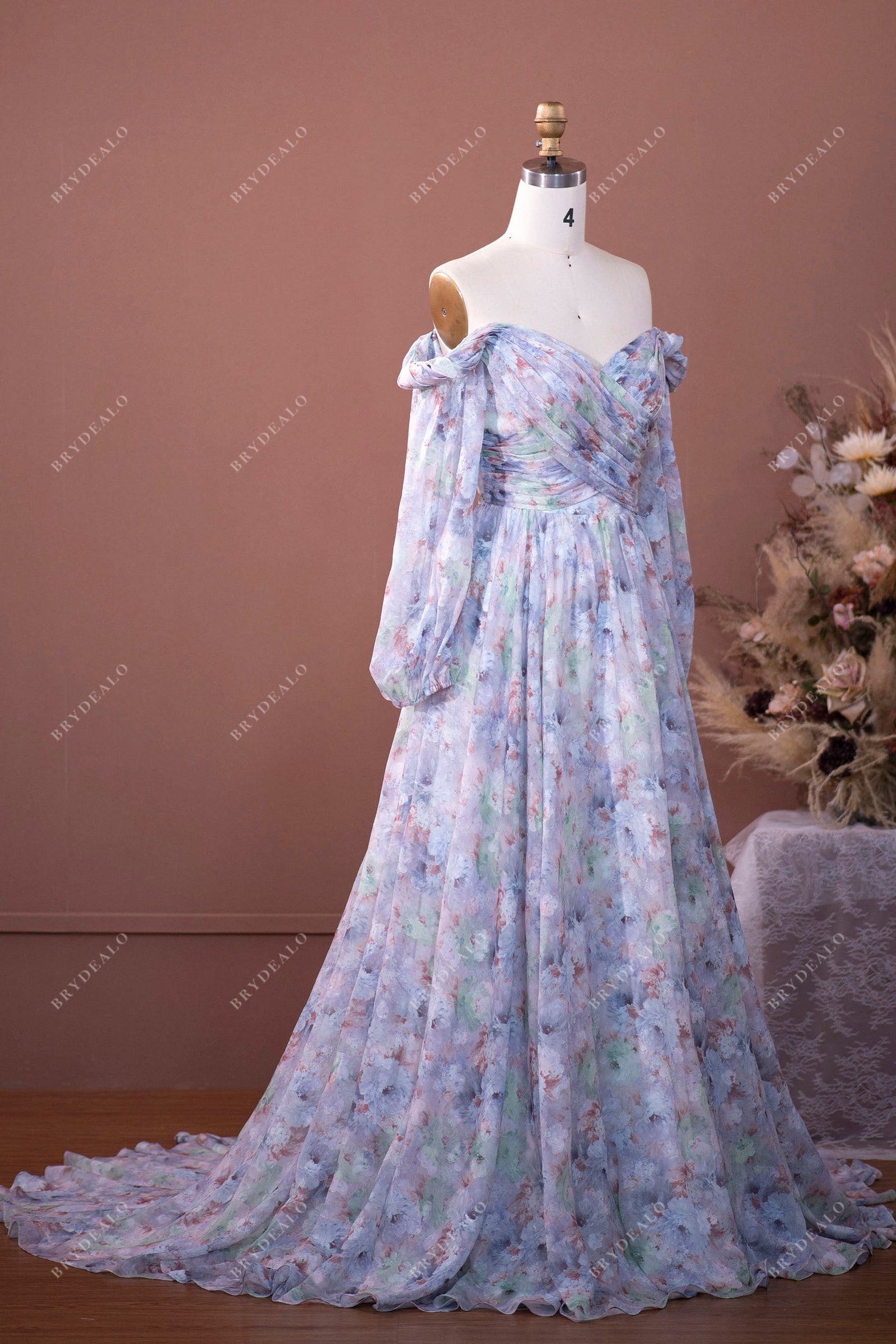 Designer Floral Chiffon Off Shoulder Formal Summer Bridal Dress