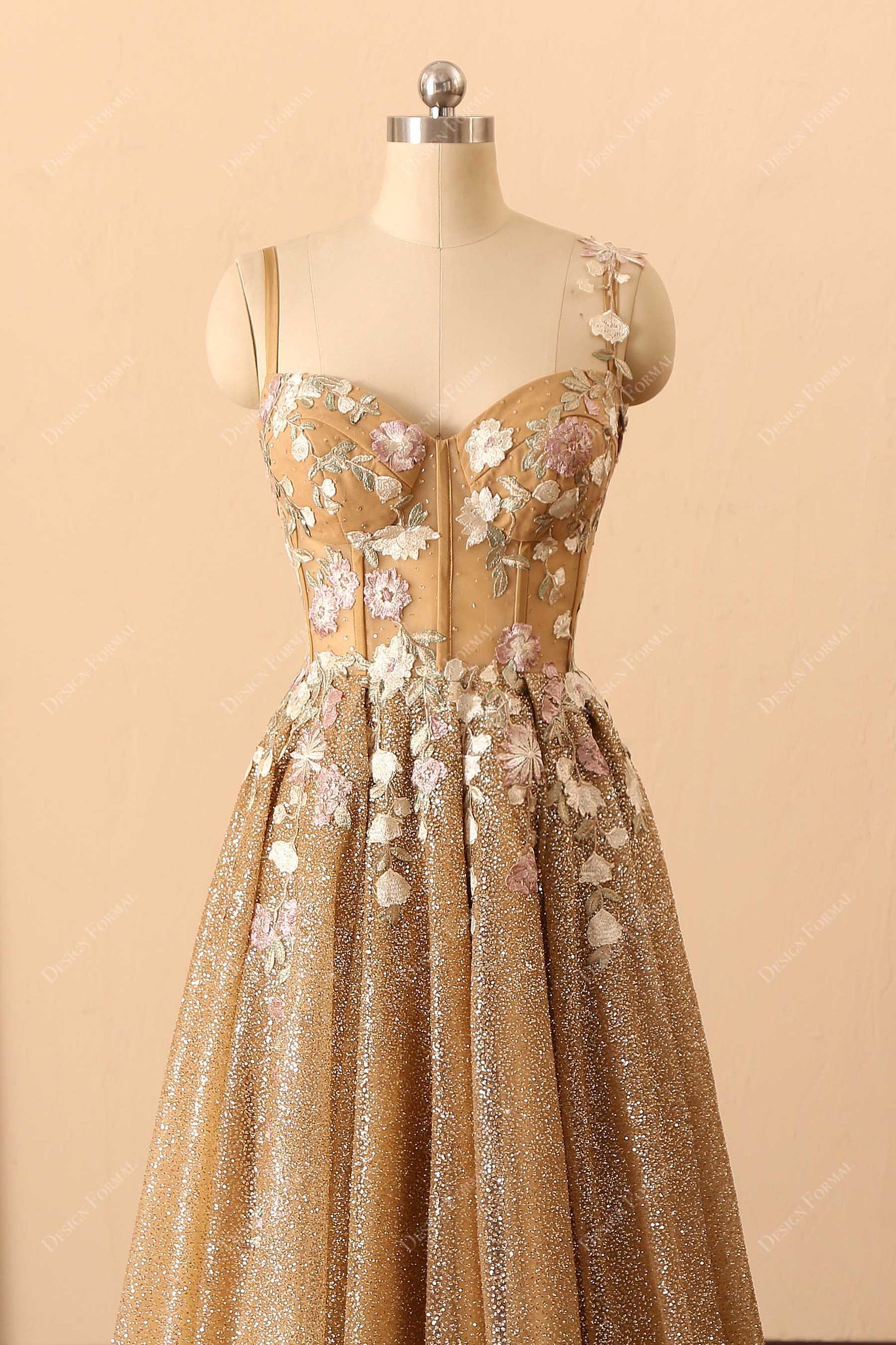 Gold Ombre Glitter Corset Embroidery Unique Long Prom Dress