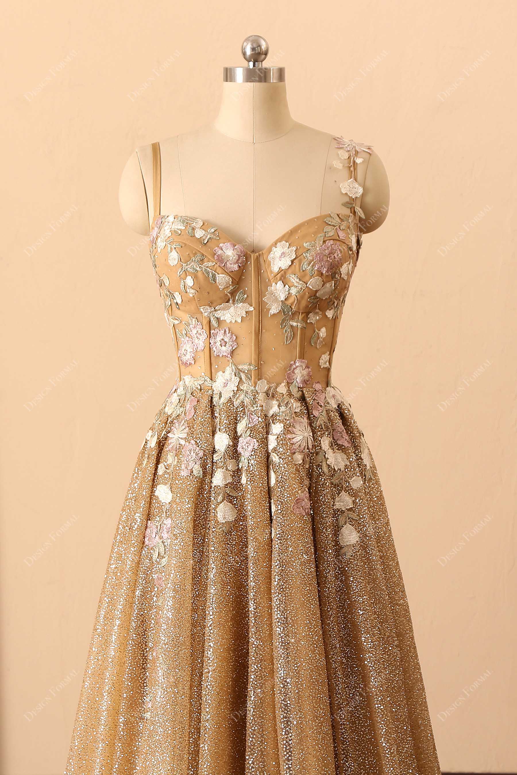 floral corset gold glitter prom dress