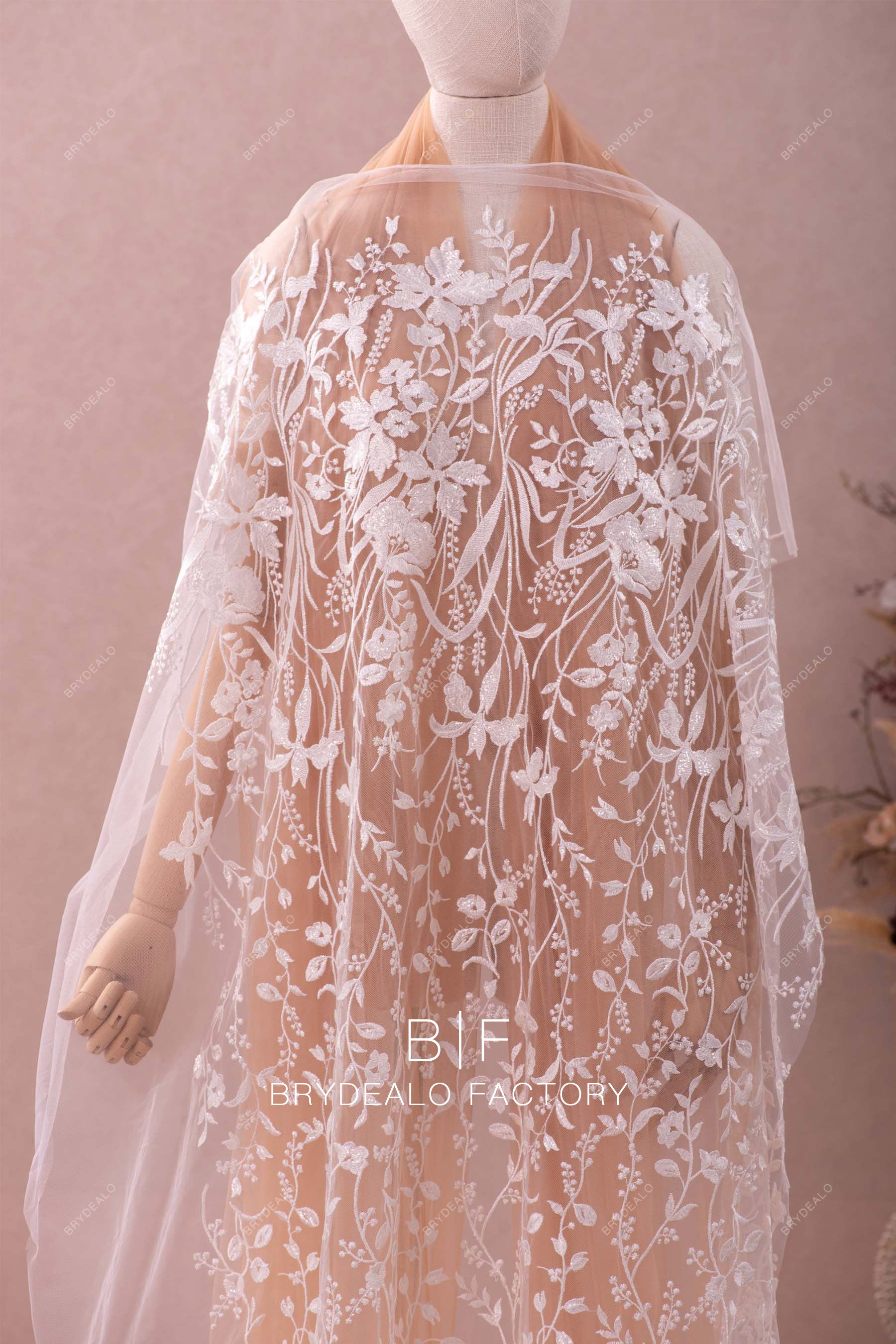 Clear Sequin Wild Embroidery Botanical Lace Fabric Online