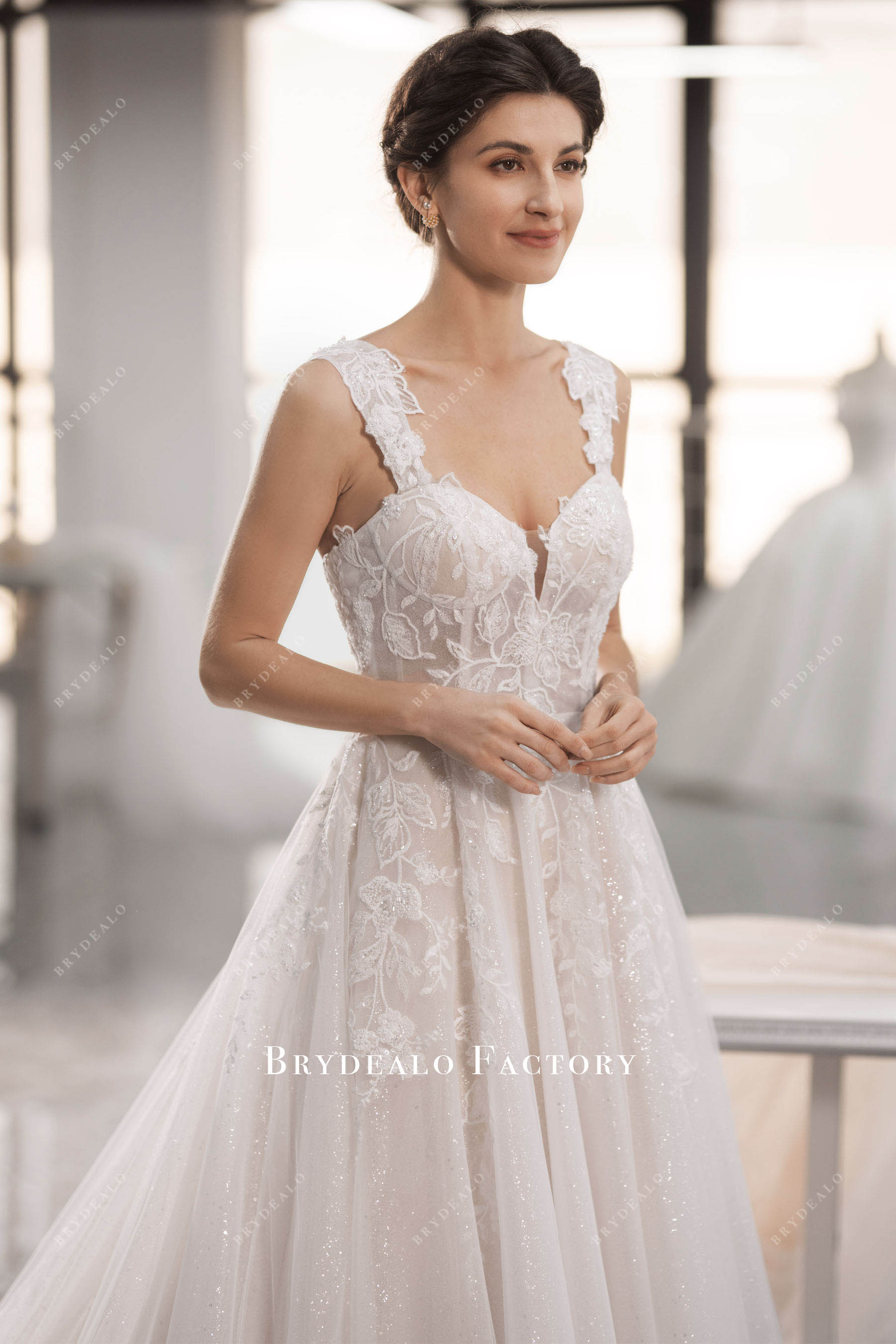 designer flower lace straps sweetheart wedding gown