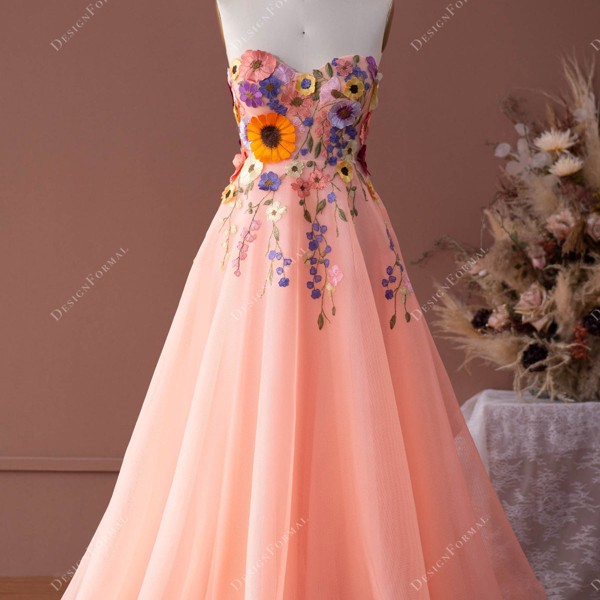 Peach Pink Flower Sweetheart A-line Fairy Designer Prom Formal Dress Peach Pink Flower Sweetheart A-line Fairy Designer Prom Formal Dress