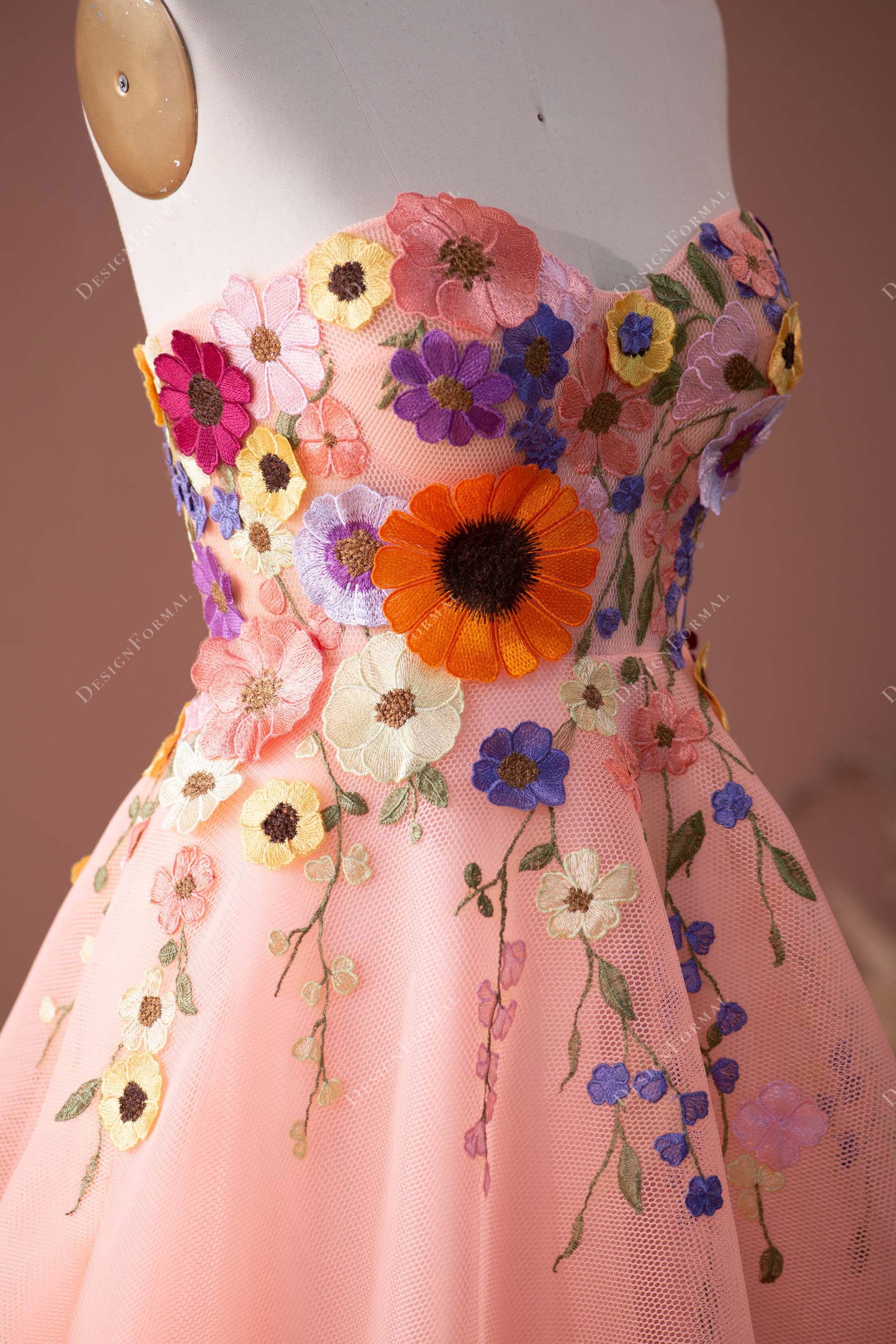 strapless colored flowers tulle prom dress
