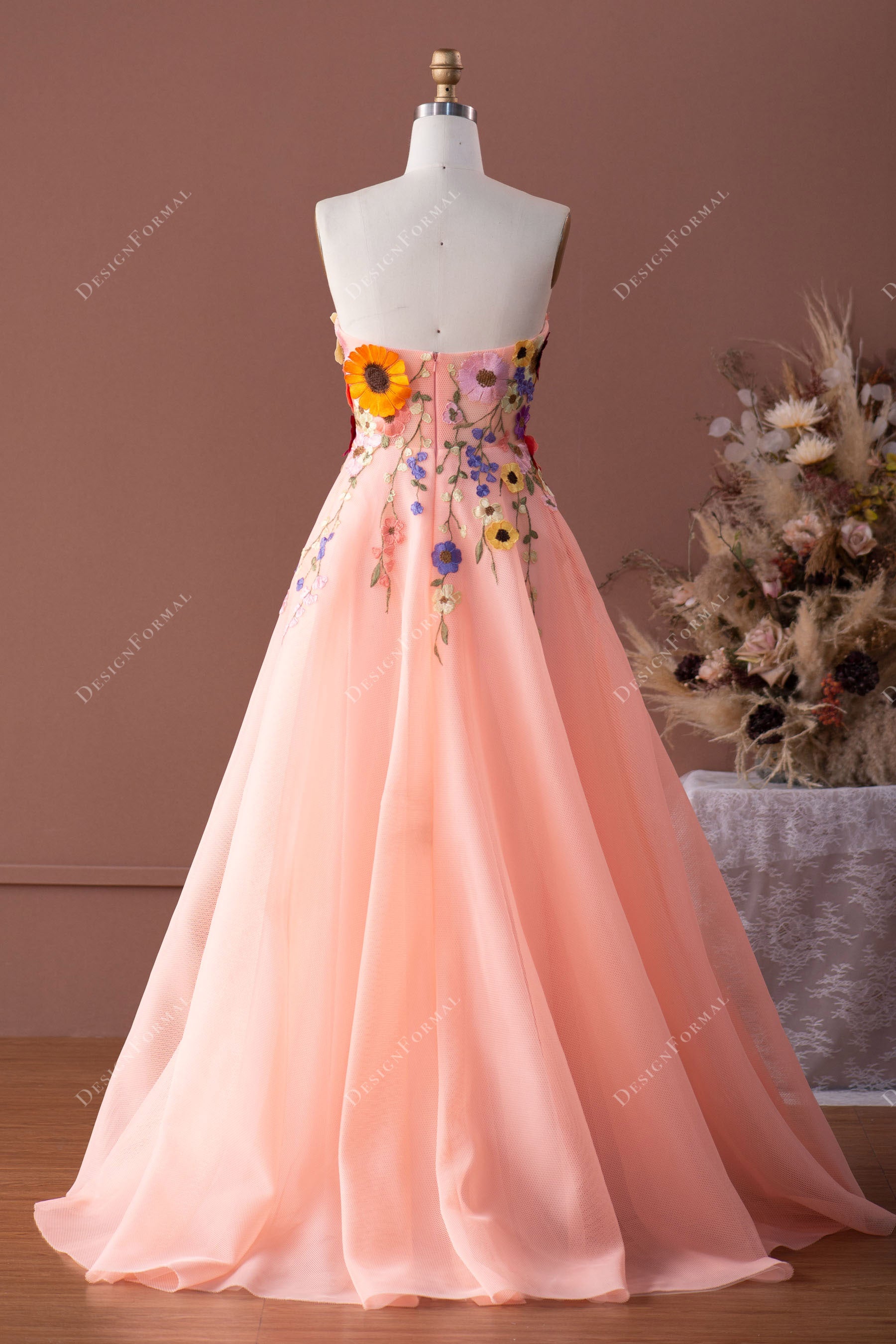 trendy strapless wild flowers prom gown