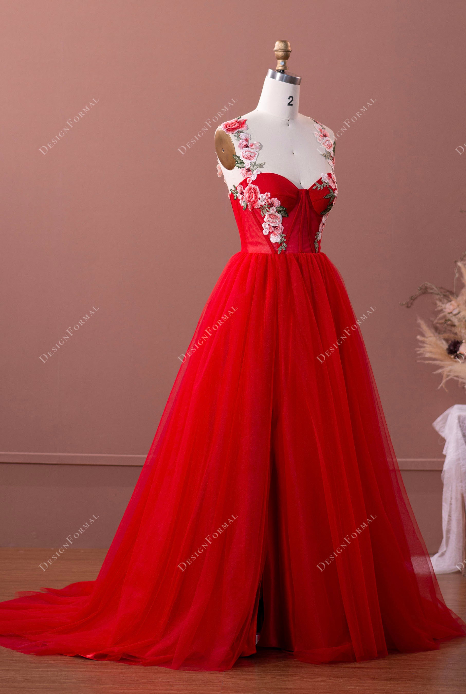 flower straps red tulle prom formal gown with slit