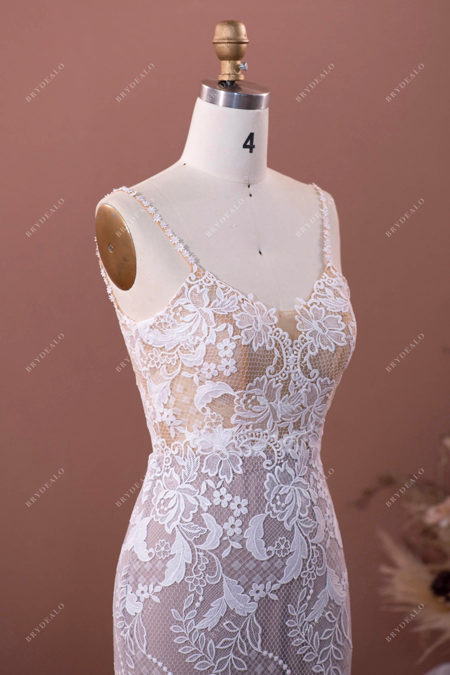 designer lace spaghetti straps fall wedding dress