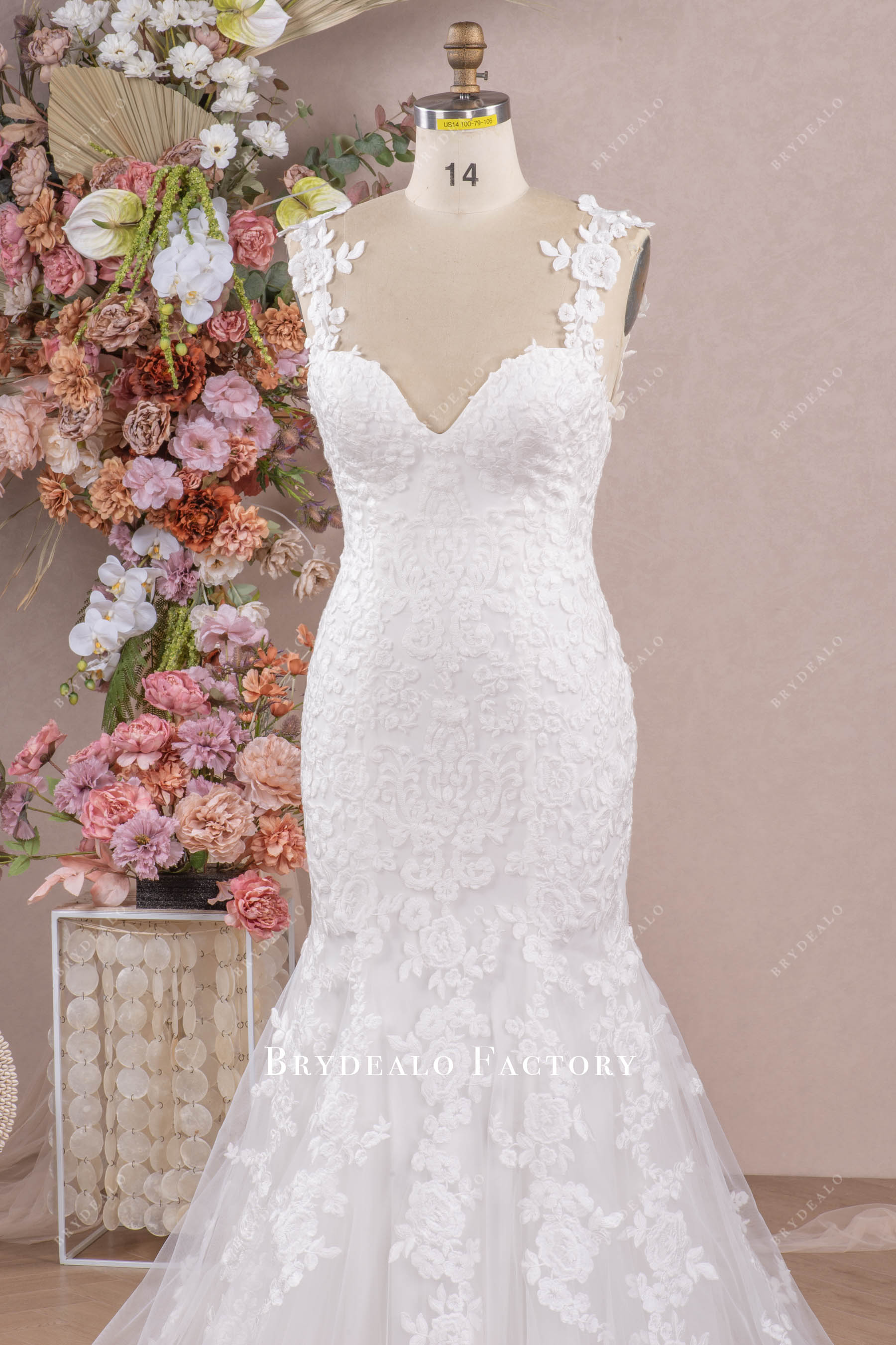 flower shoulder straps lace designer wedding dress