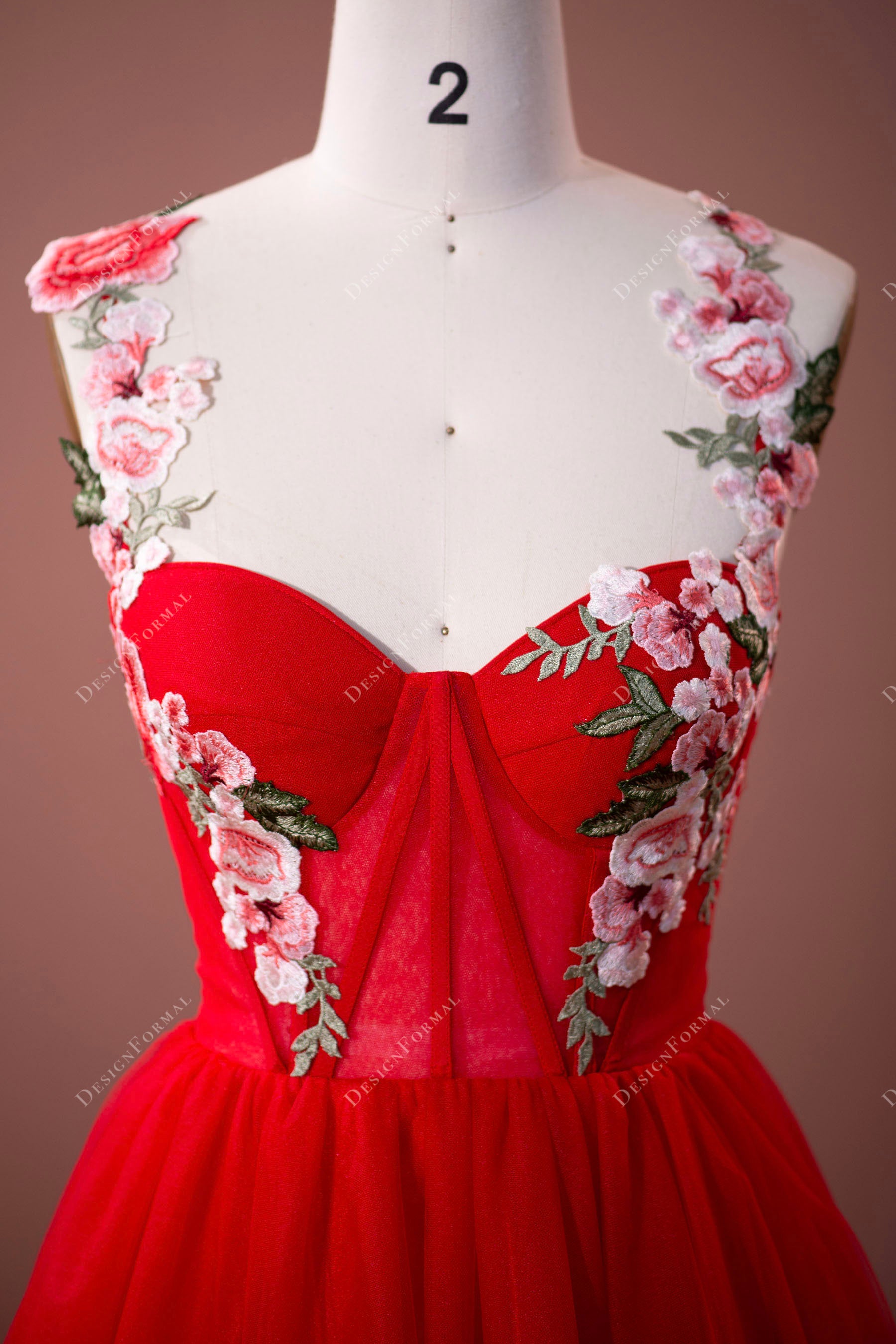 flower straps red tulle prom formal dress