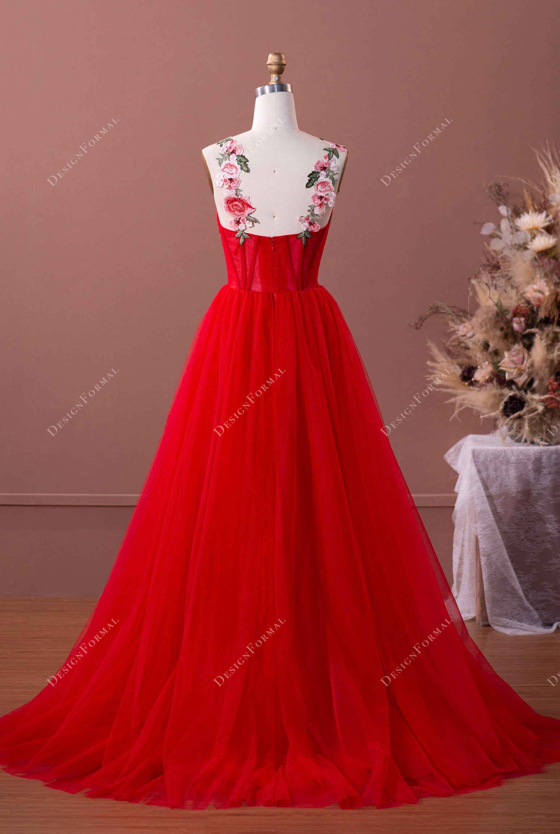 flower straps red tulle prom formal dress with court train