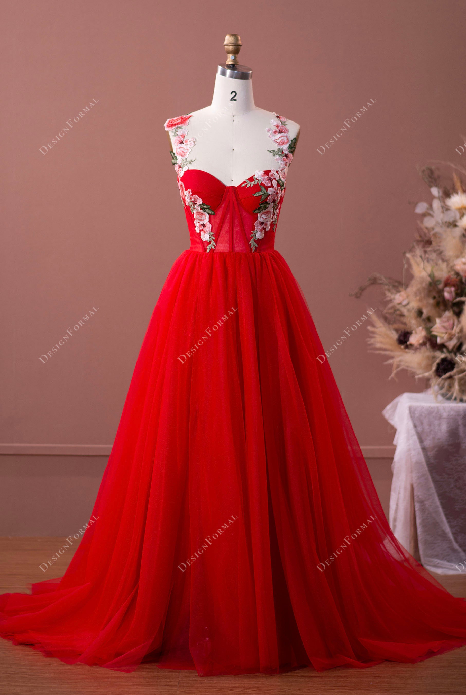 flower straps red tulle prom formal dress with slit