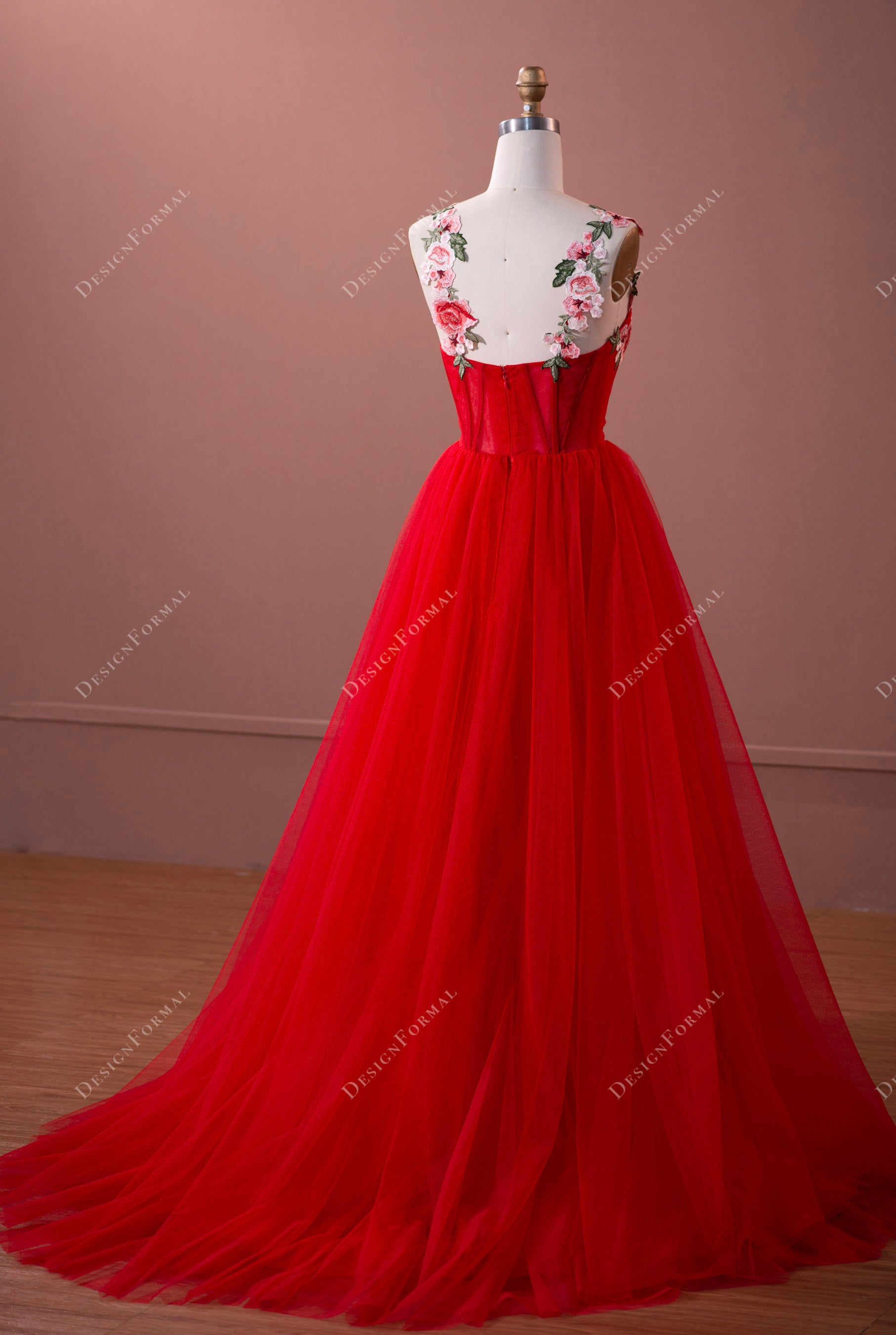 flower straps red tulle formal dress with slit