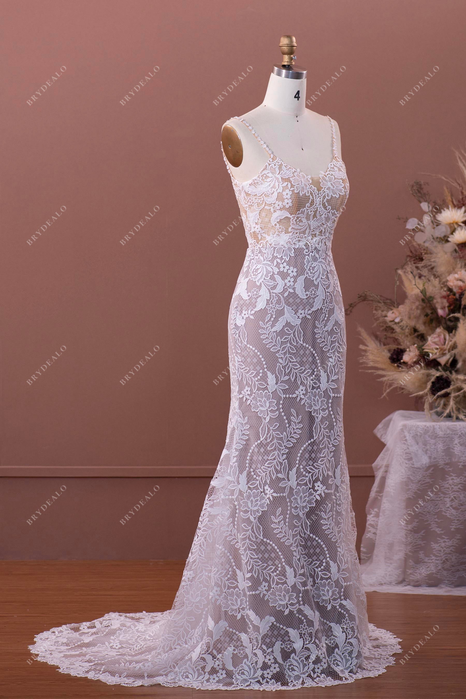 sleeveless thin straps designer lace mermaid wedding dress