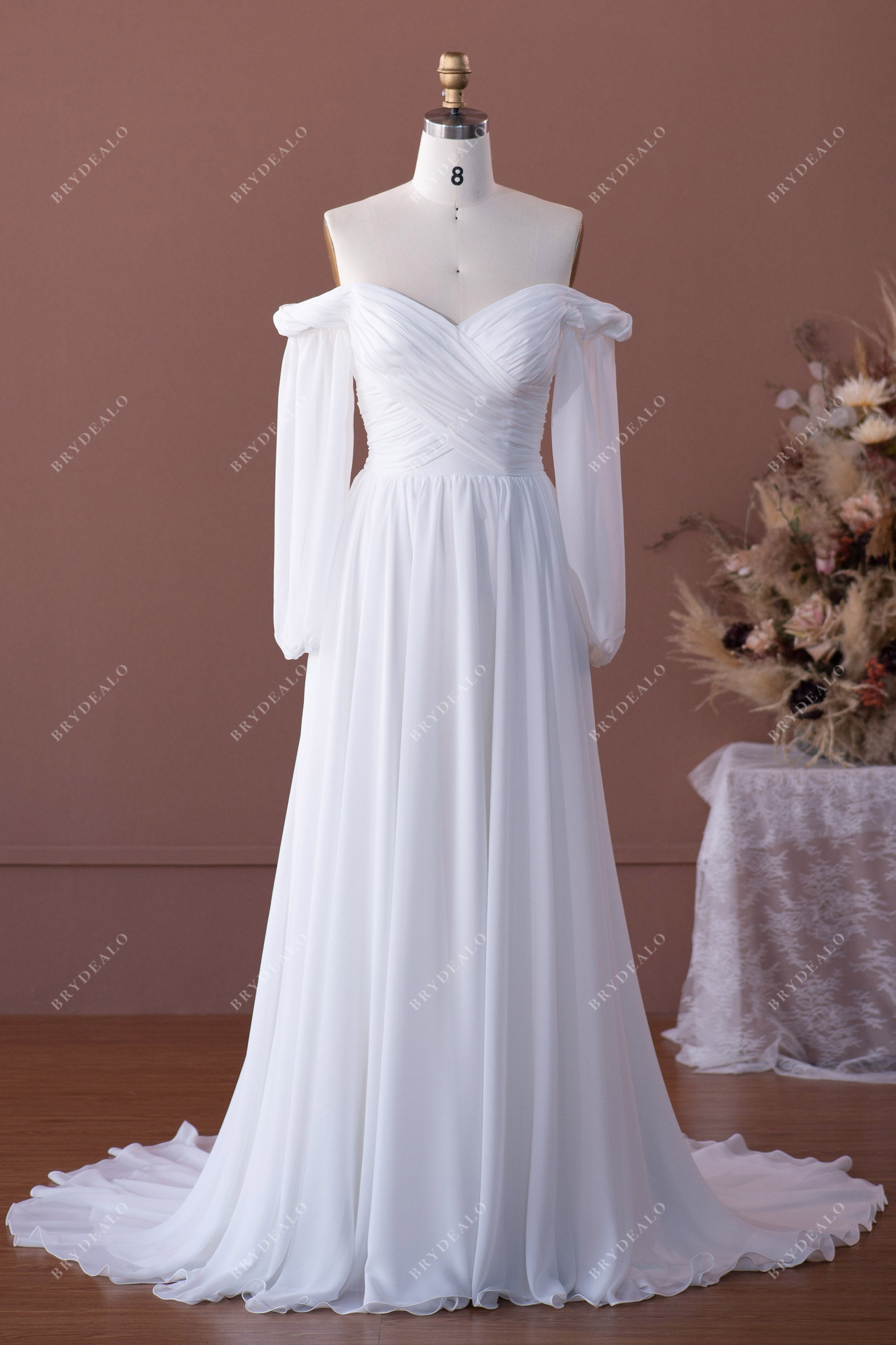 Boho Off Shoulder Sleeved Chiffon A-line Wedding Dress